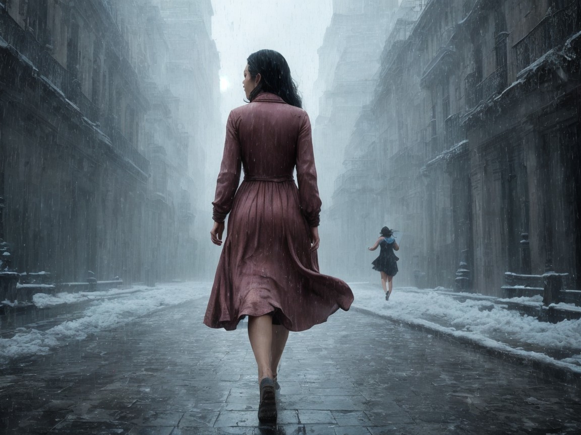 Moody Rain-Soaked Street with Figures in Dresses