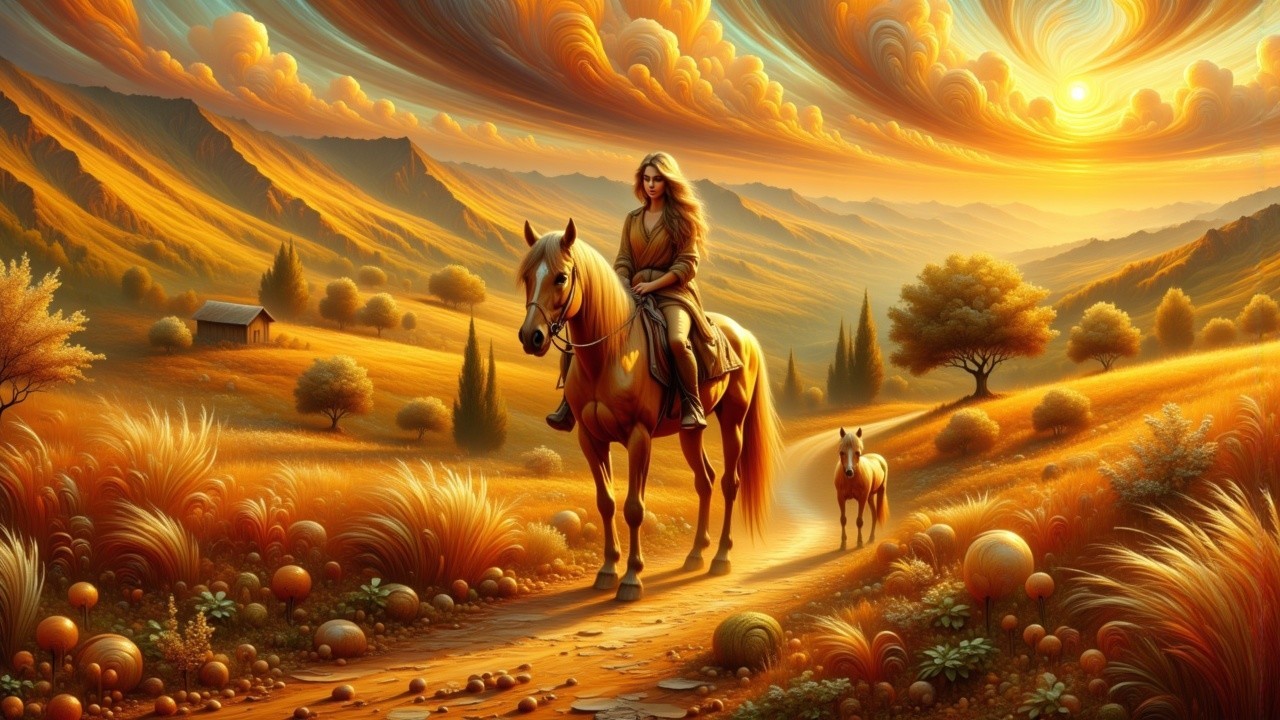 Blonde Woman on Horse in Golden Fields with Mountains