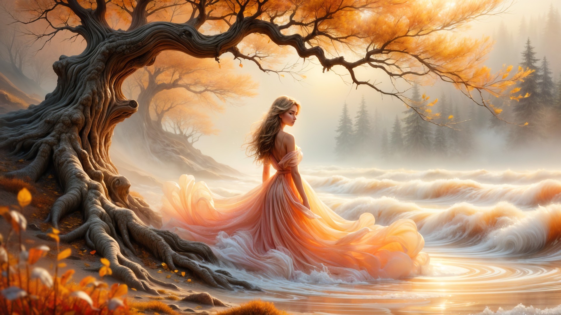 Mystical Woman by Tranquil River in Autumn Setting