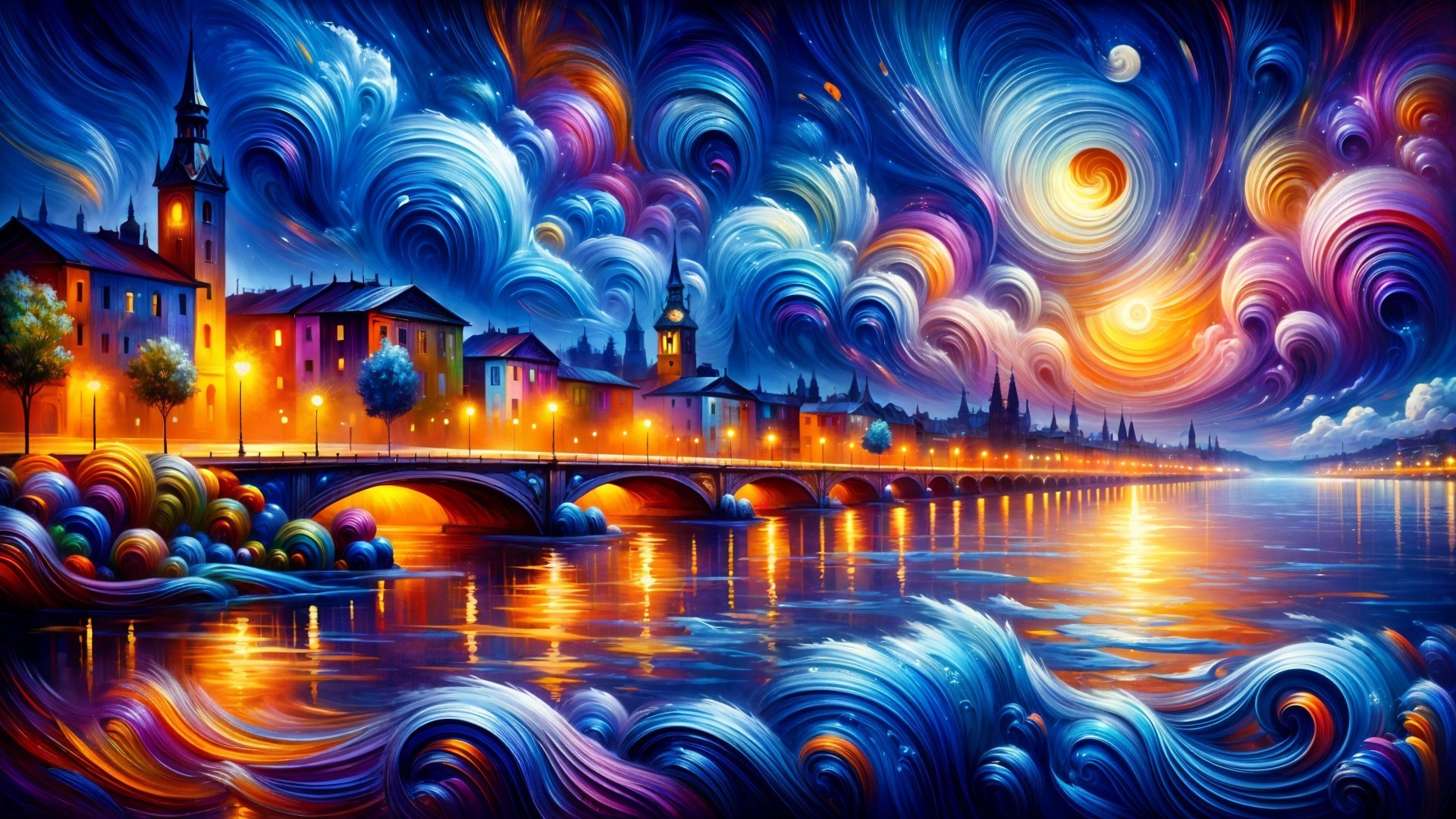 Vibrant Night Sky Over a Picturesque Waterfront Town