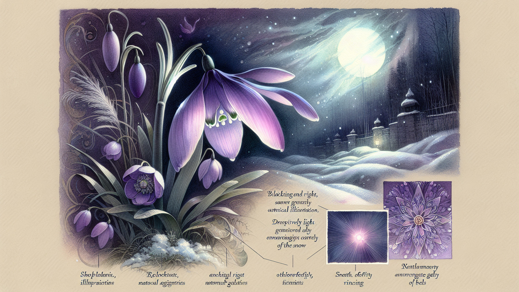 Winter Scene with Snowdrops and Moonlit Village