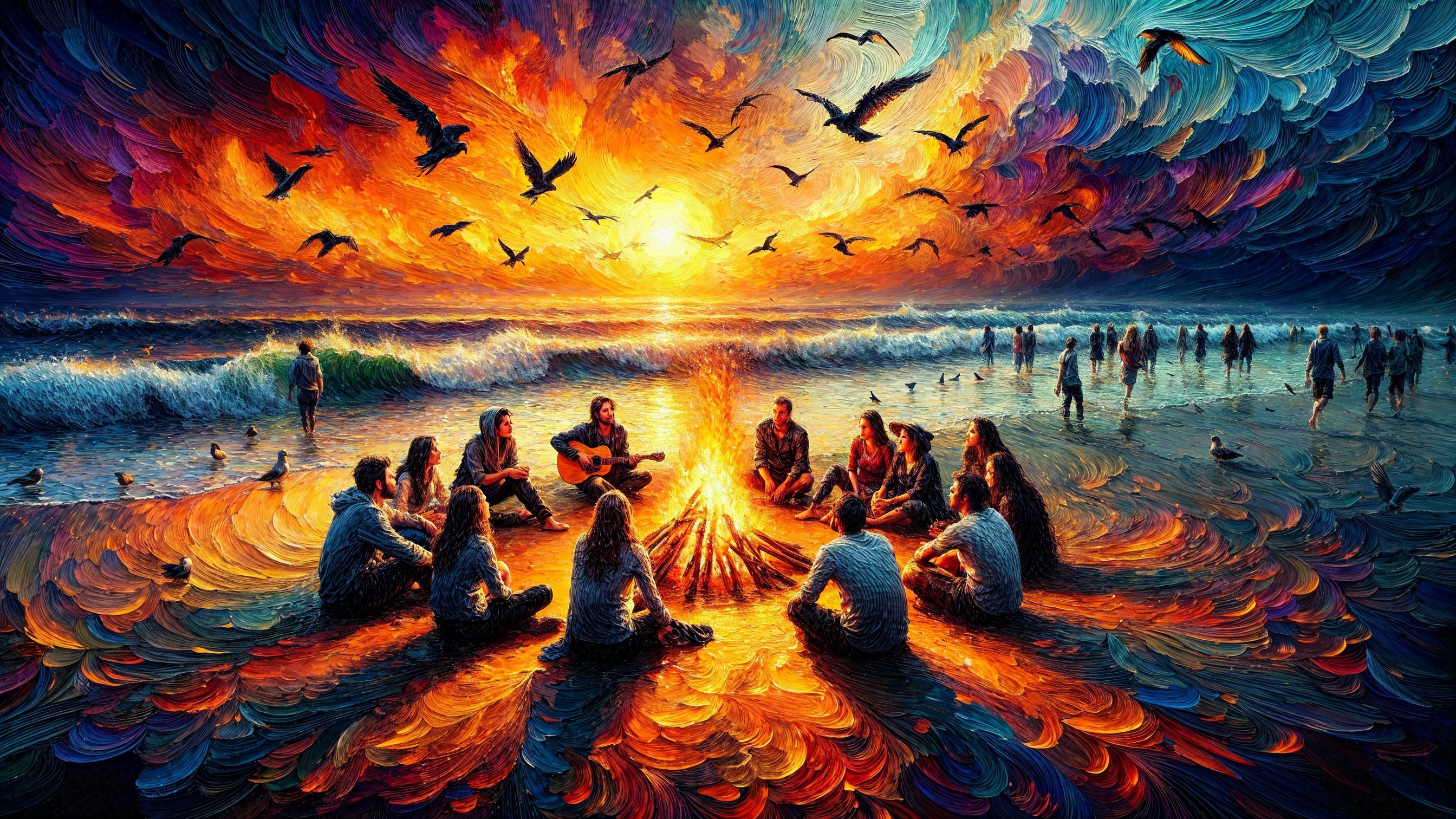 Vibrant Beach Sunset with Campfire Gathering