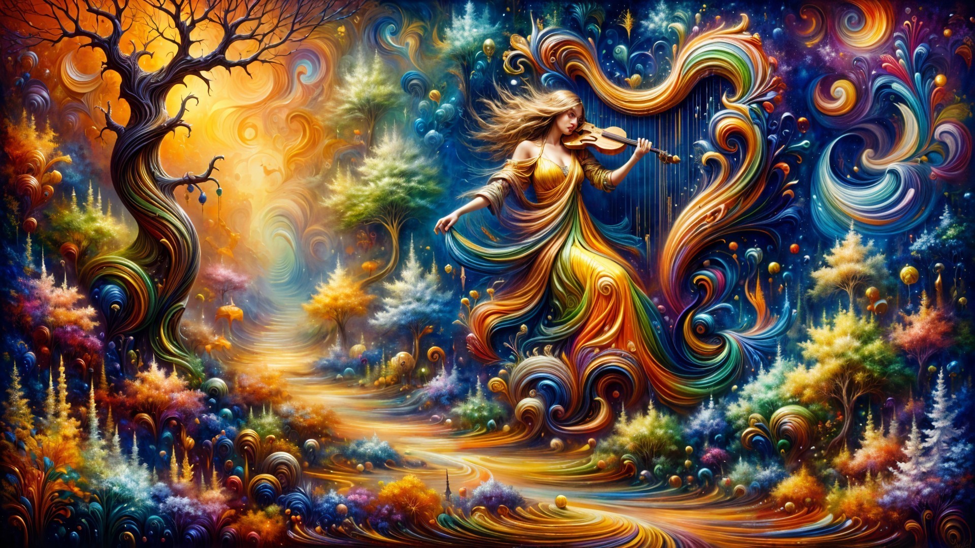 Ethereal Scene of a Woman Playing Violin in Colorful Landscape