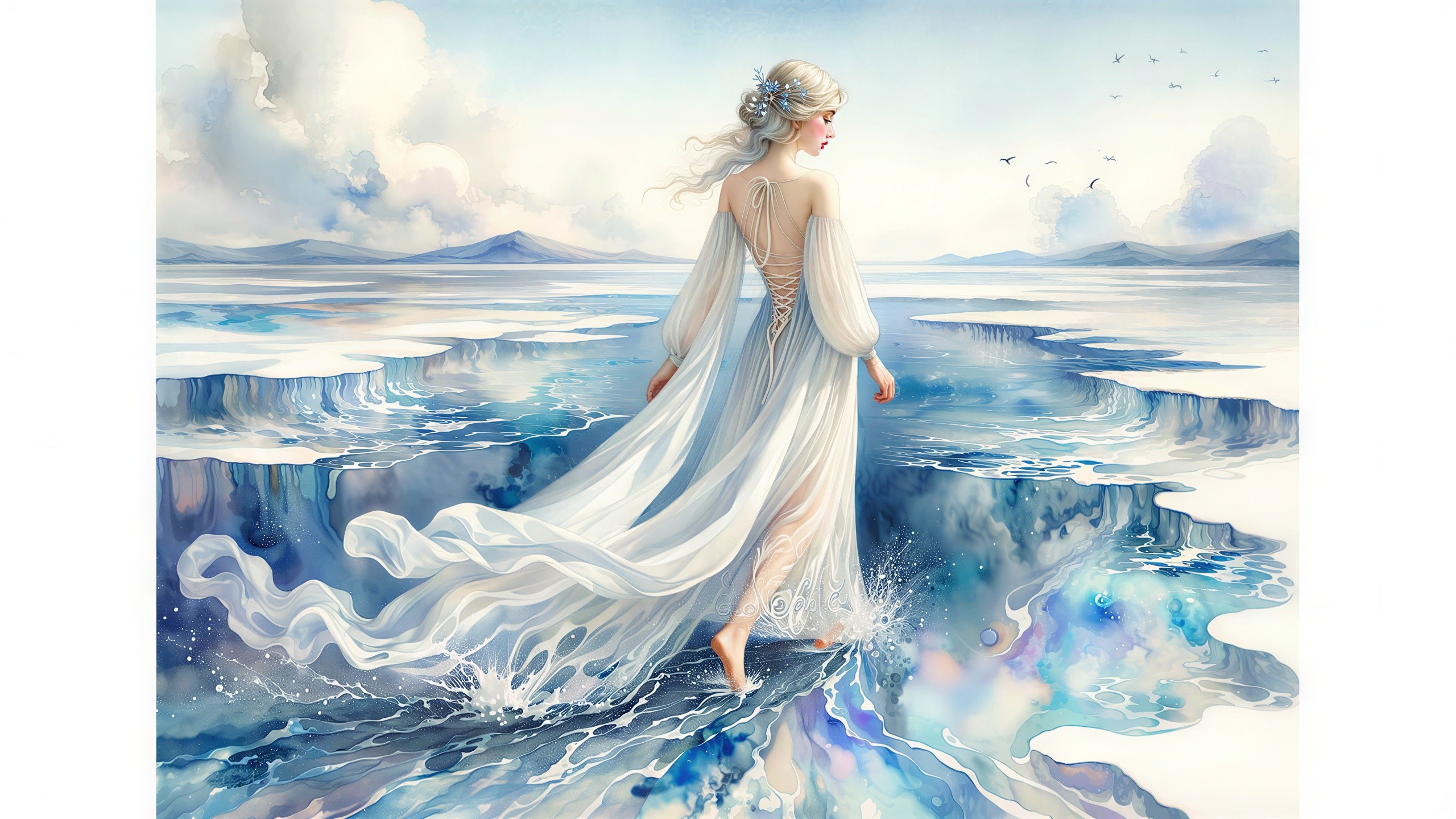Ethereal Watercolor of Woman in Icy Blue Landscape