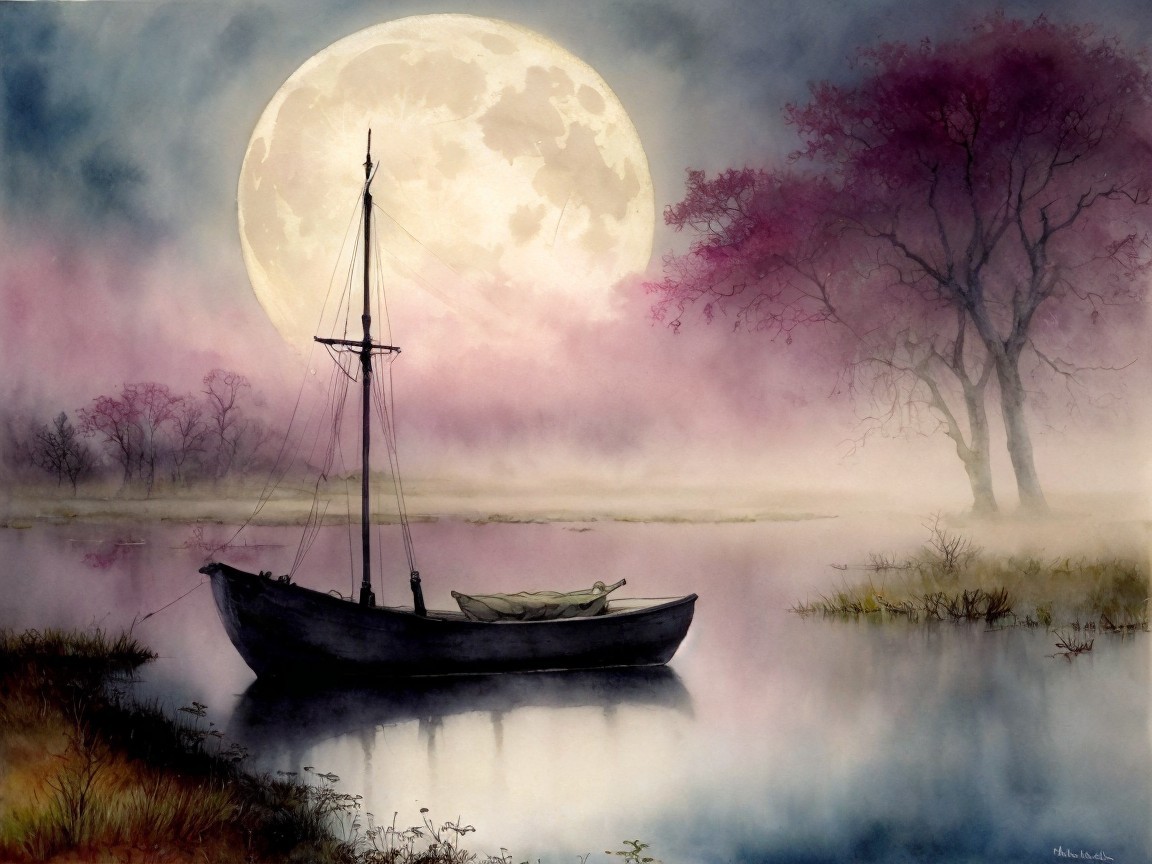 Serene landscape with boat on calm waters and moon