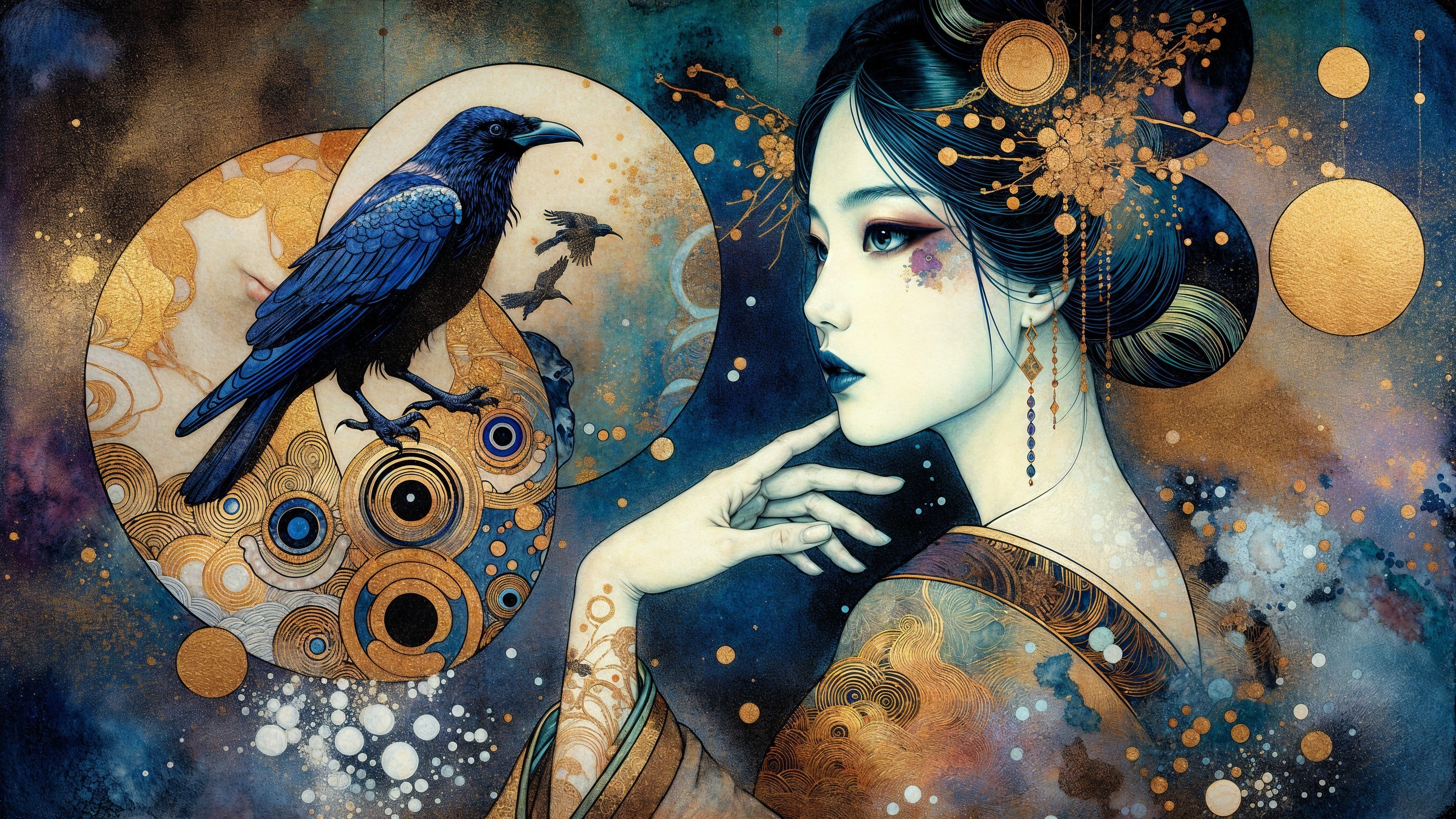 Elegant woman and raven in vibrant abstract art