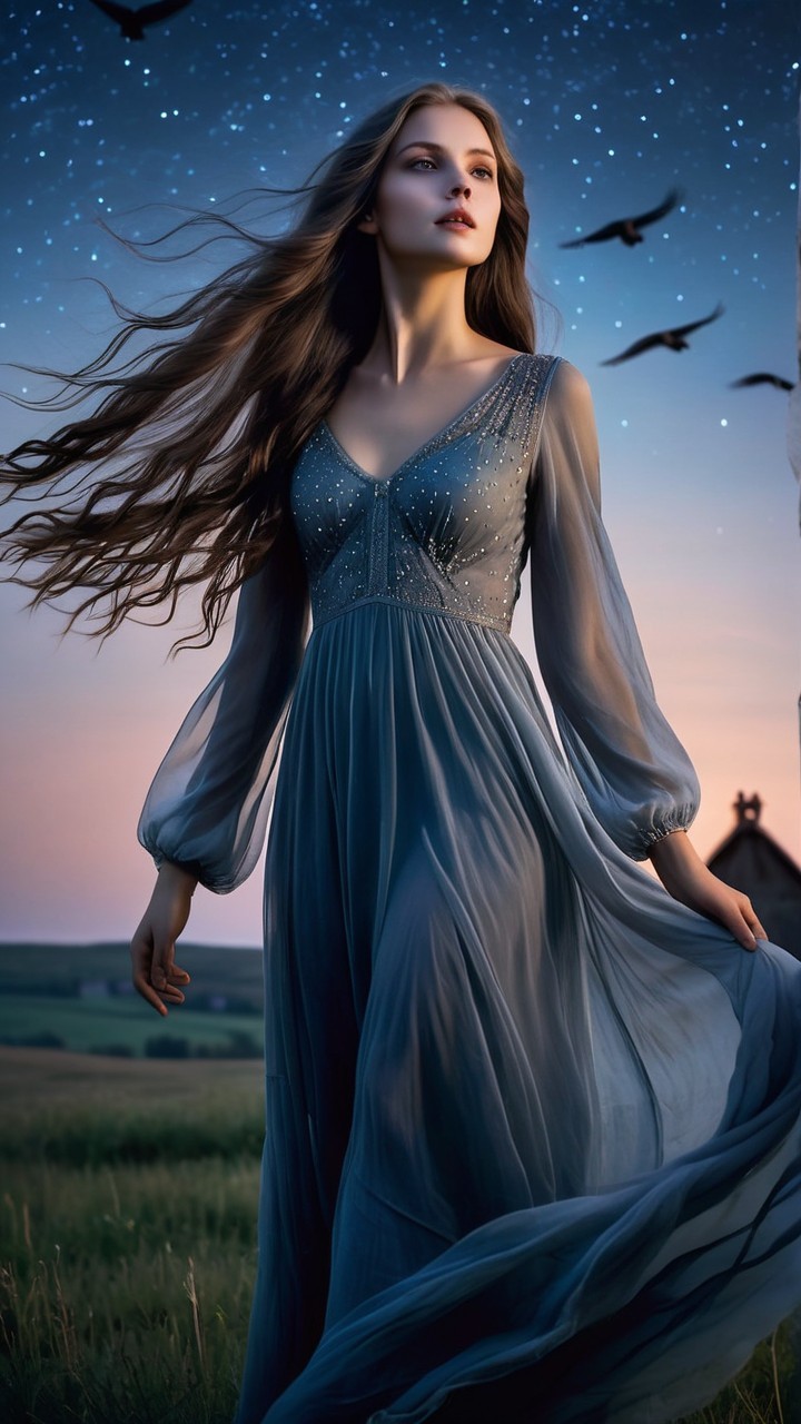 Young woman in blue gown against evening sky backdrop