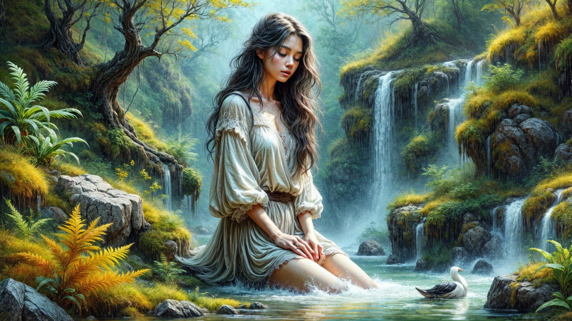 Young Woman in Tranquil Stream Surrounded by Nature