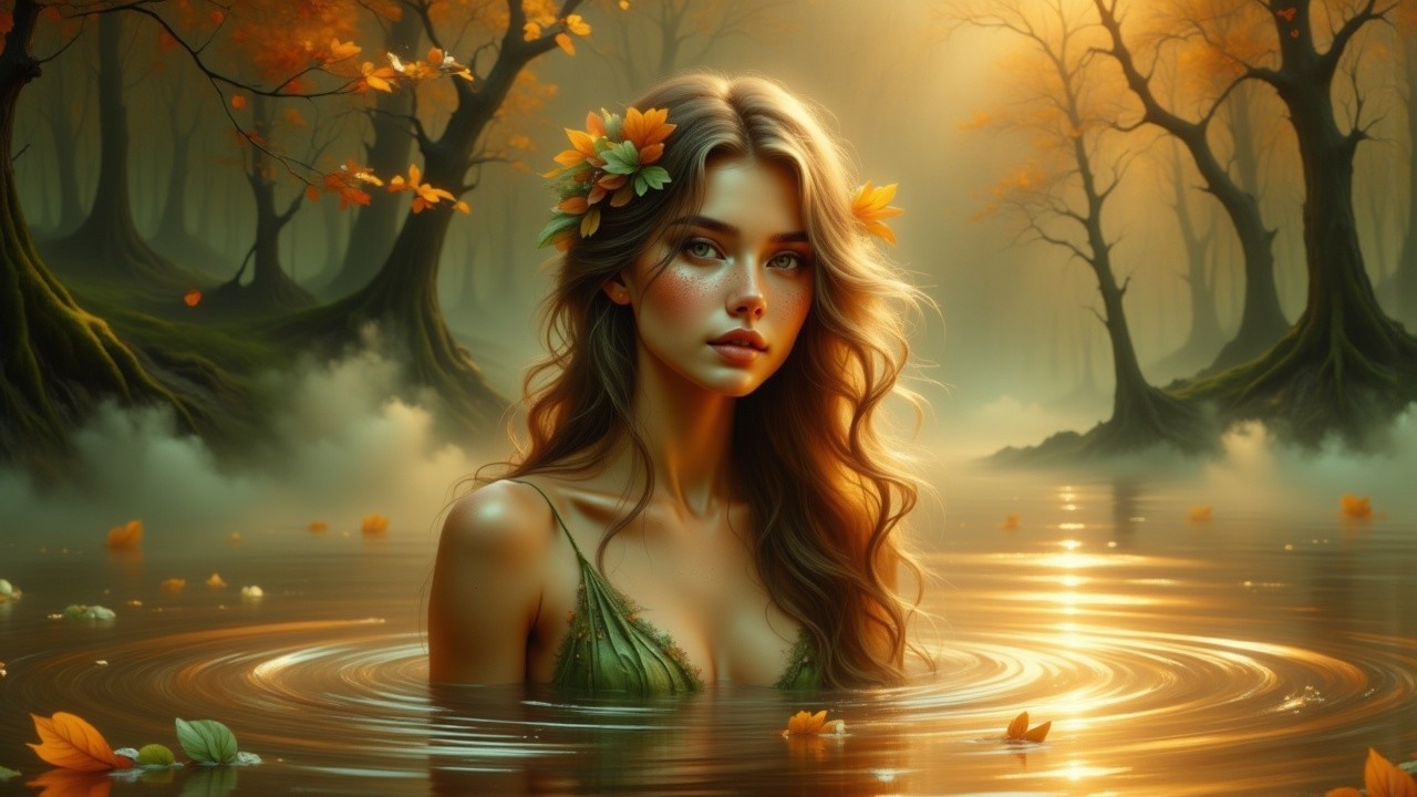 Young woman in a magical autumn forest setting