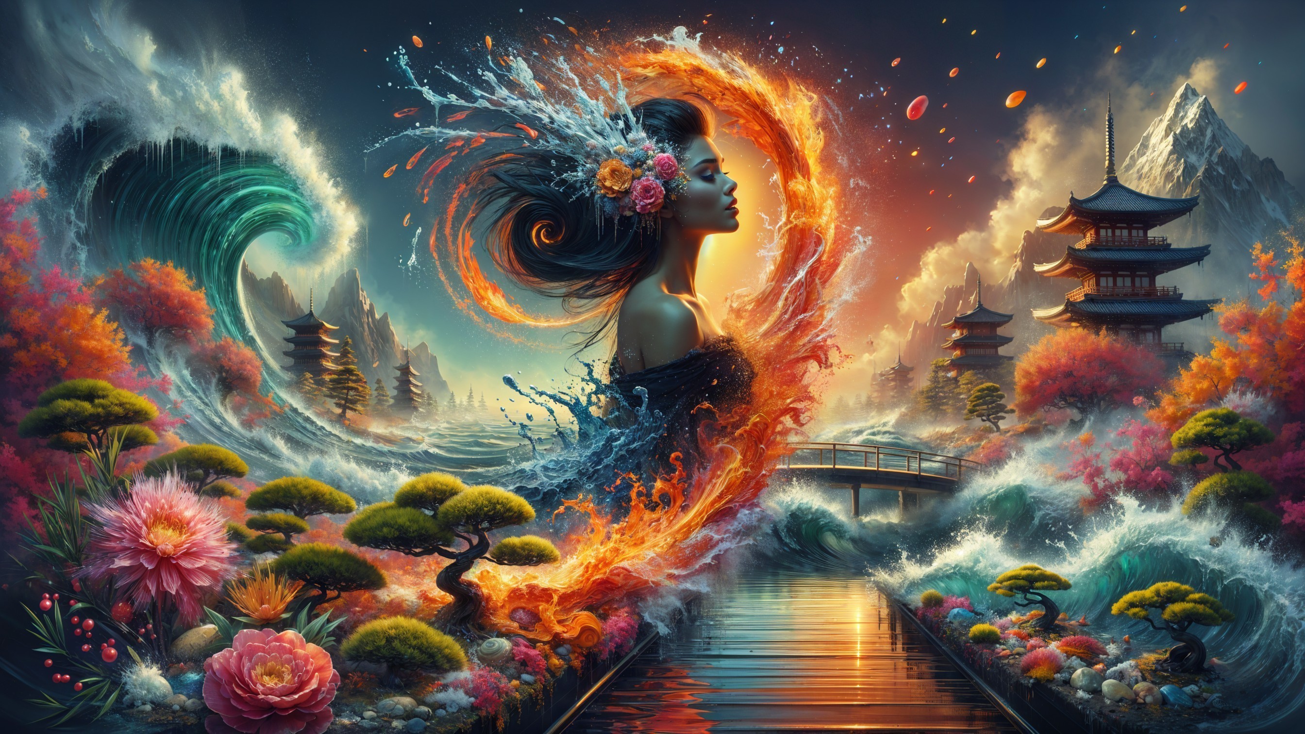 Ethereal Landscape with Woman, Waves, and Flames