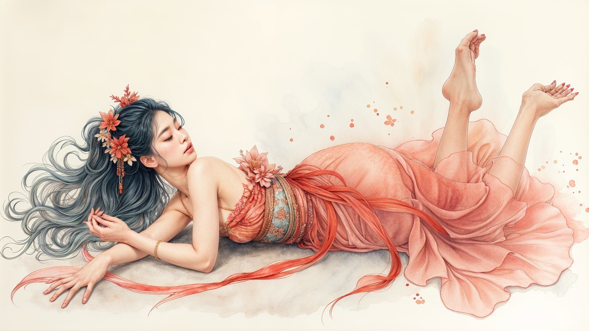 Serene woman in soft pink dress on pale background