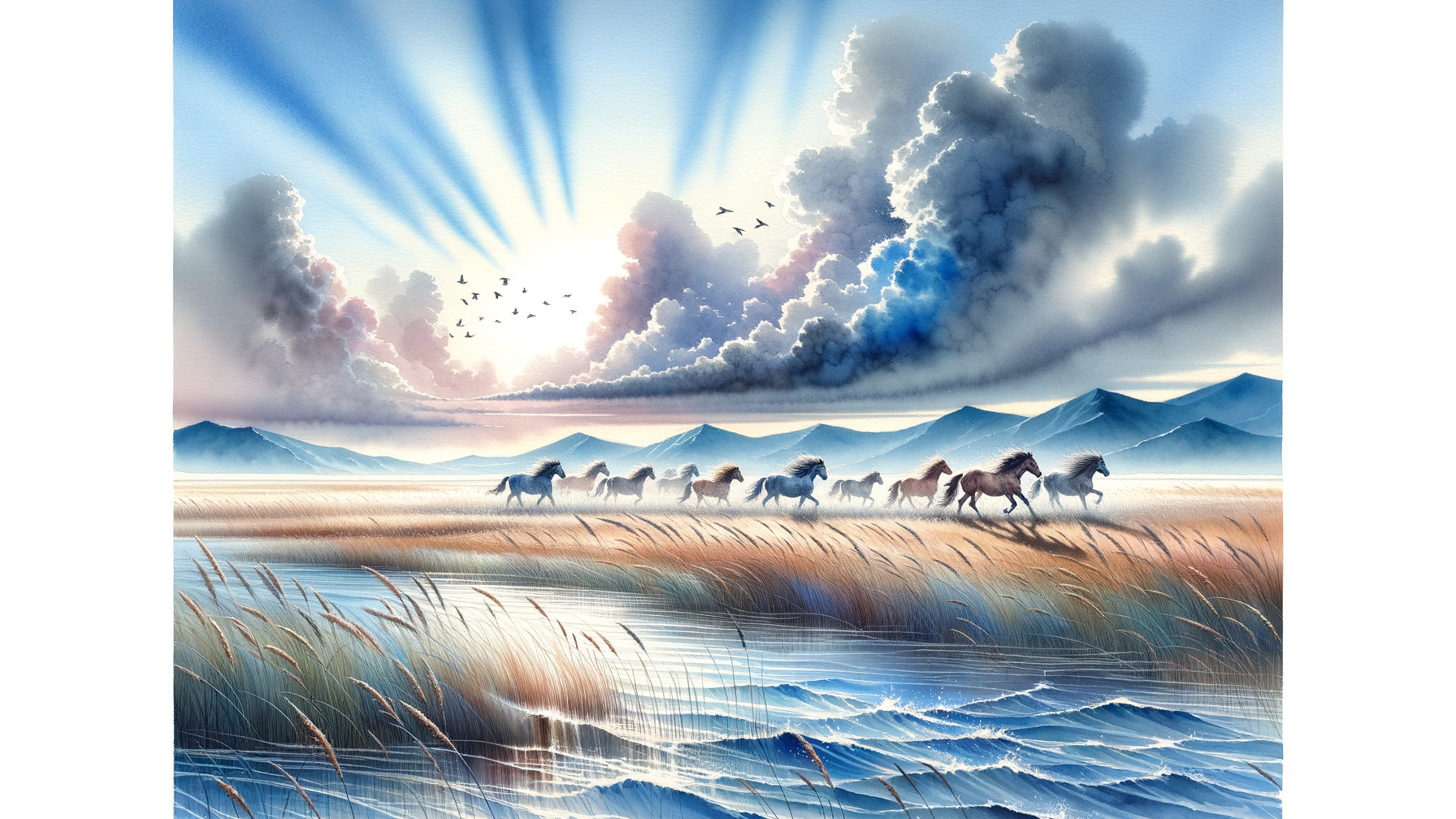 Horses Galloping in a Serene Marsh Landscape