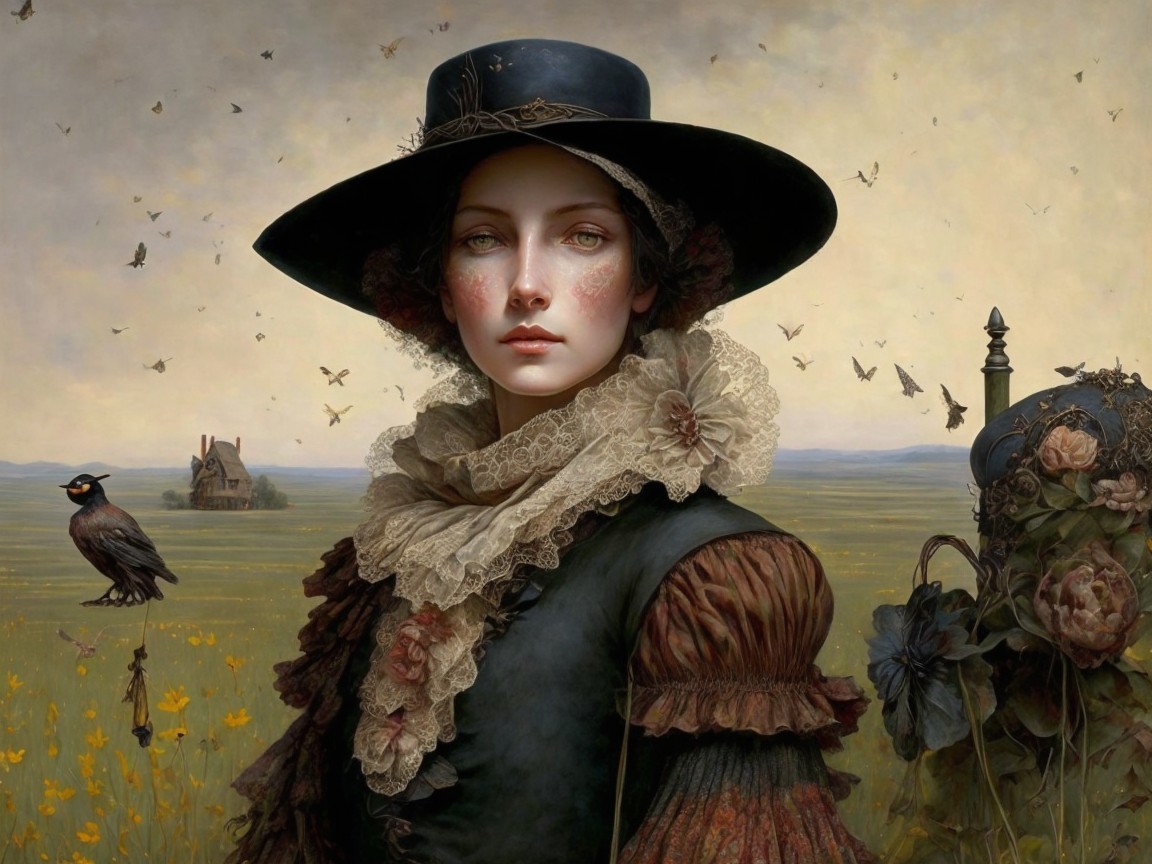 Portrait of a young woman in a floral landscape