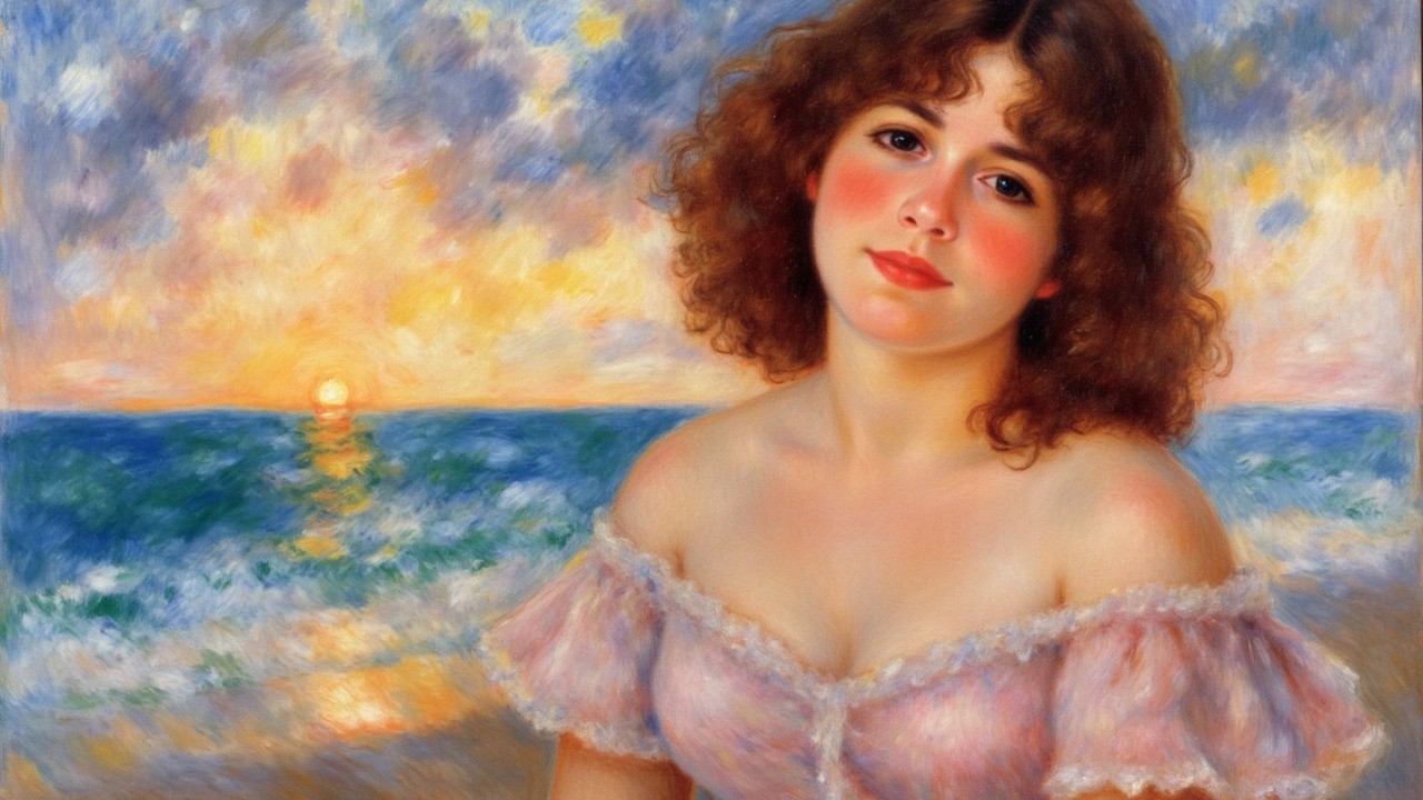 Young woman in pink dress by ocean sunset
