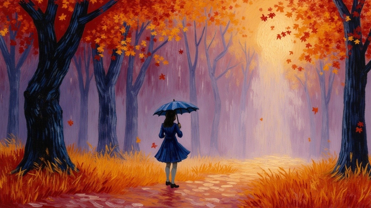 Young girl with umbrella in vibrant autumn forest