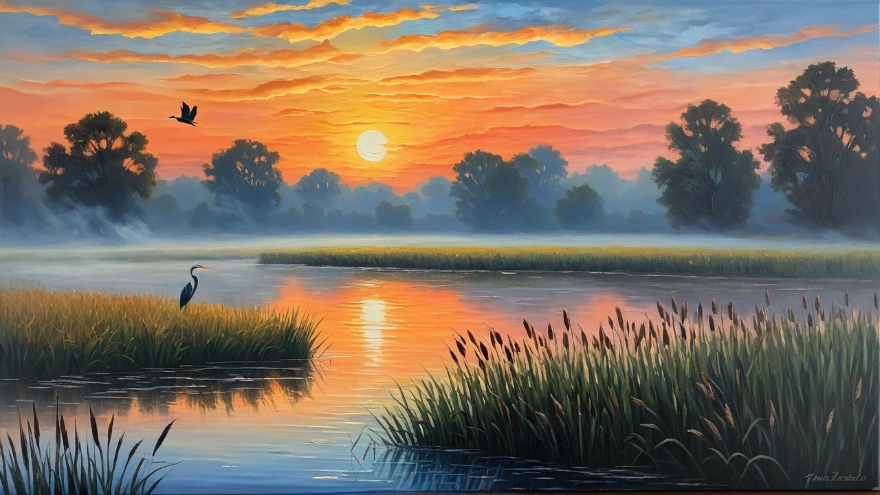 Serene Sunrise Landscape with River and Wildlife