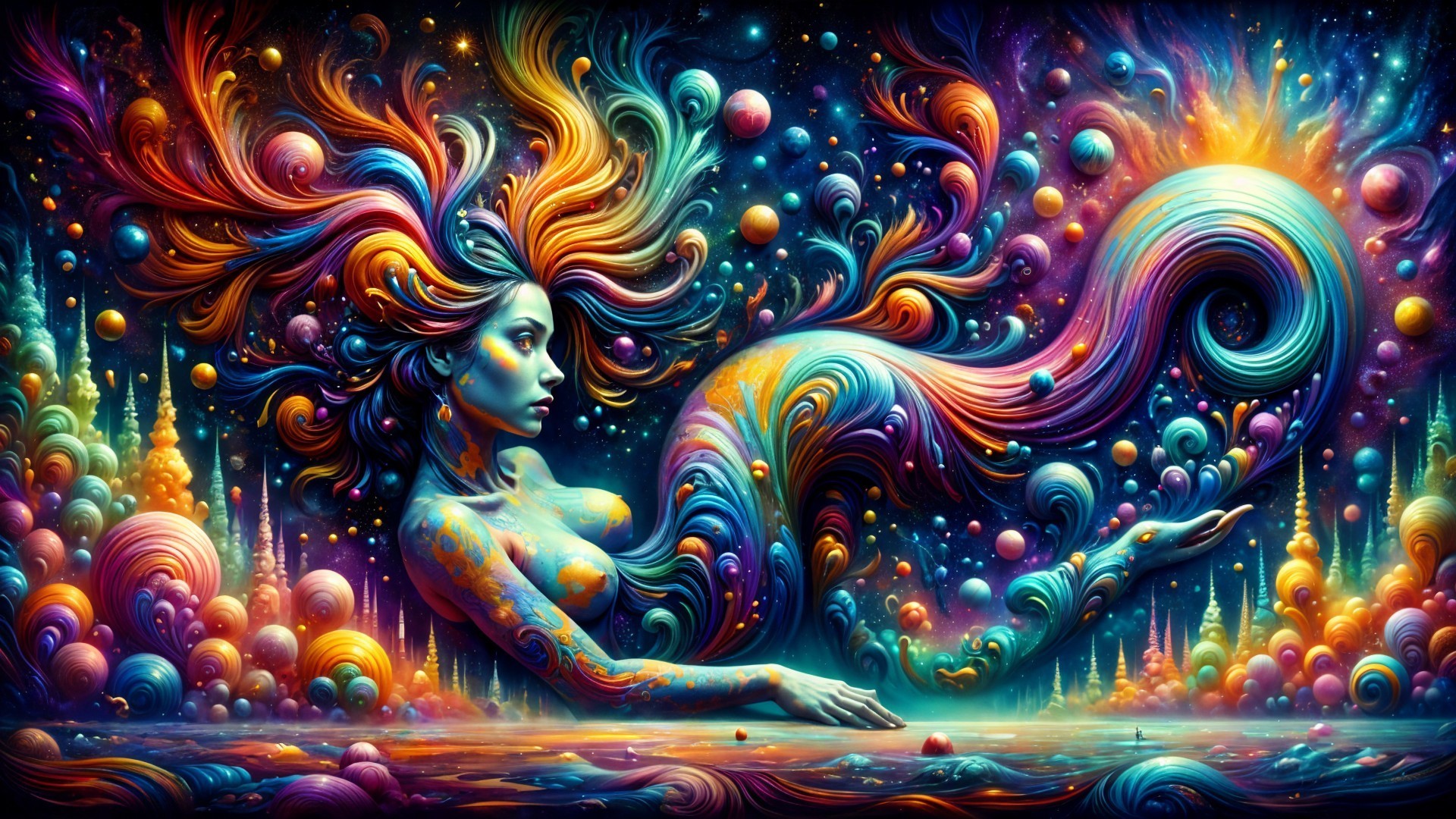 Cosmic Mermaid Art with Vibrant Colors and Patterns