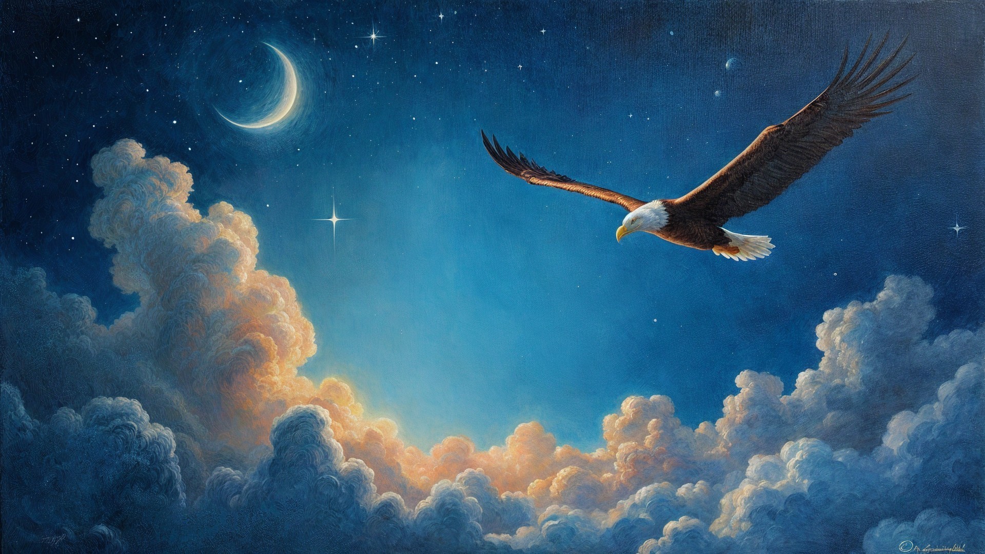 Majestic eagle soaring in a vibrant nighttime sky
