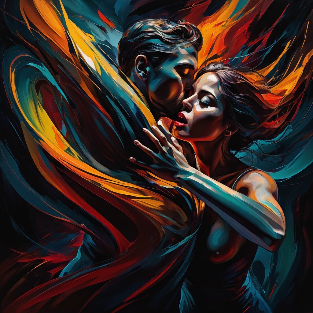 Abstract Painting of a Couple in Passionate Embrace