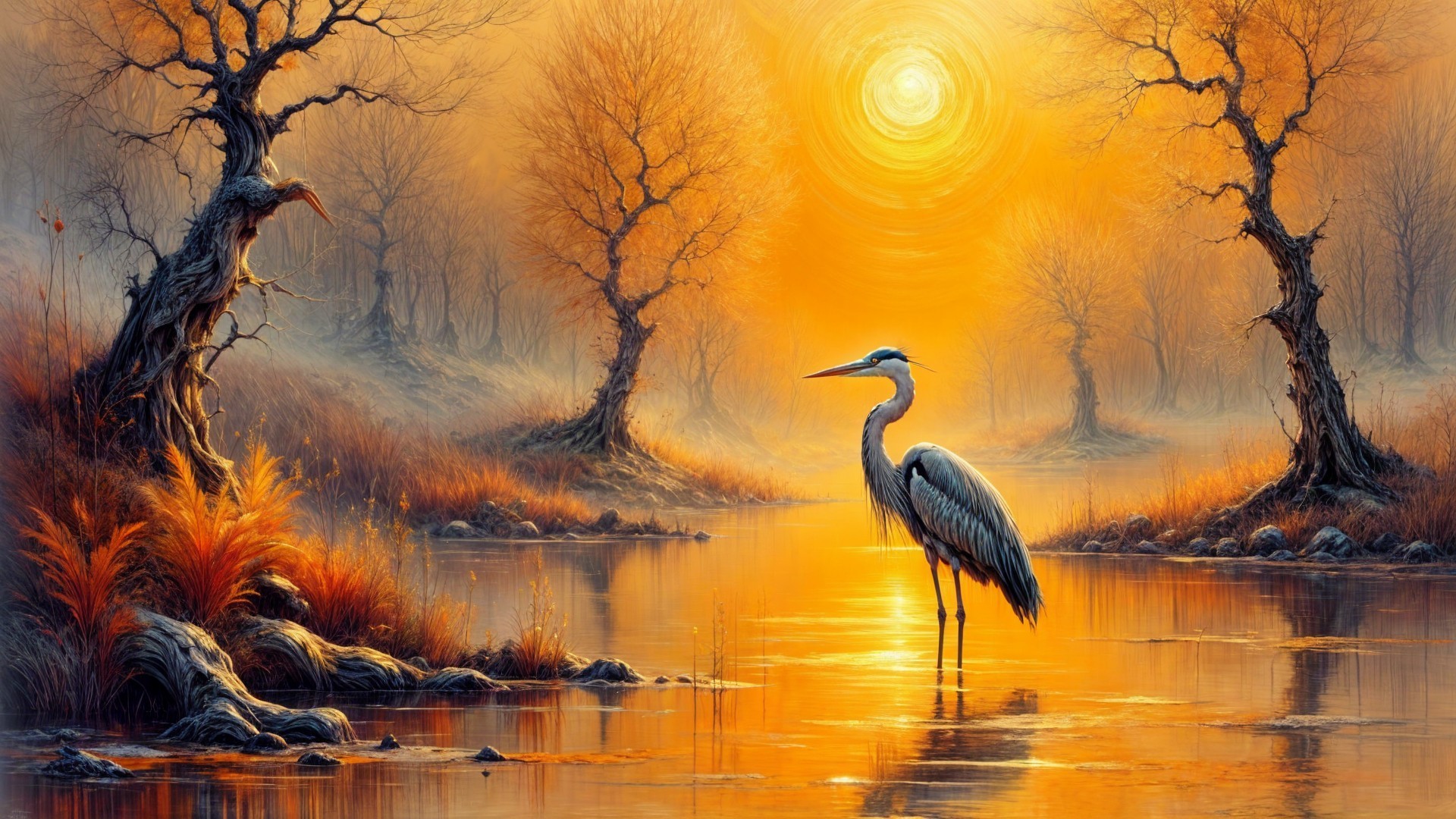 Serene Sunset Landscape with River and Heron Silhouette