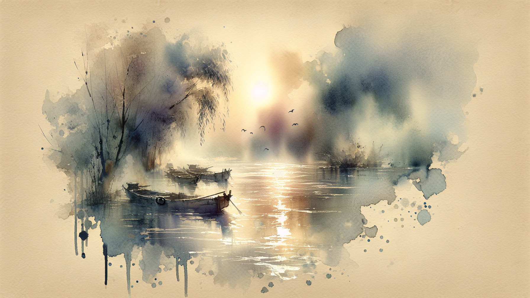 Tranquil Waterway at Sunrise in Watercolor Art