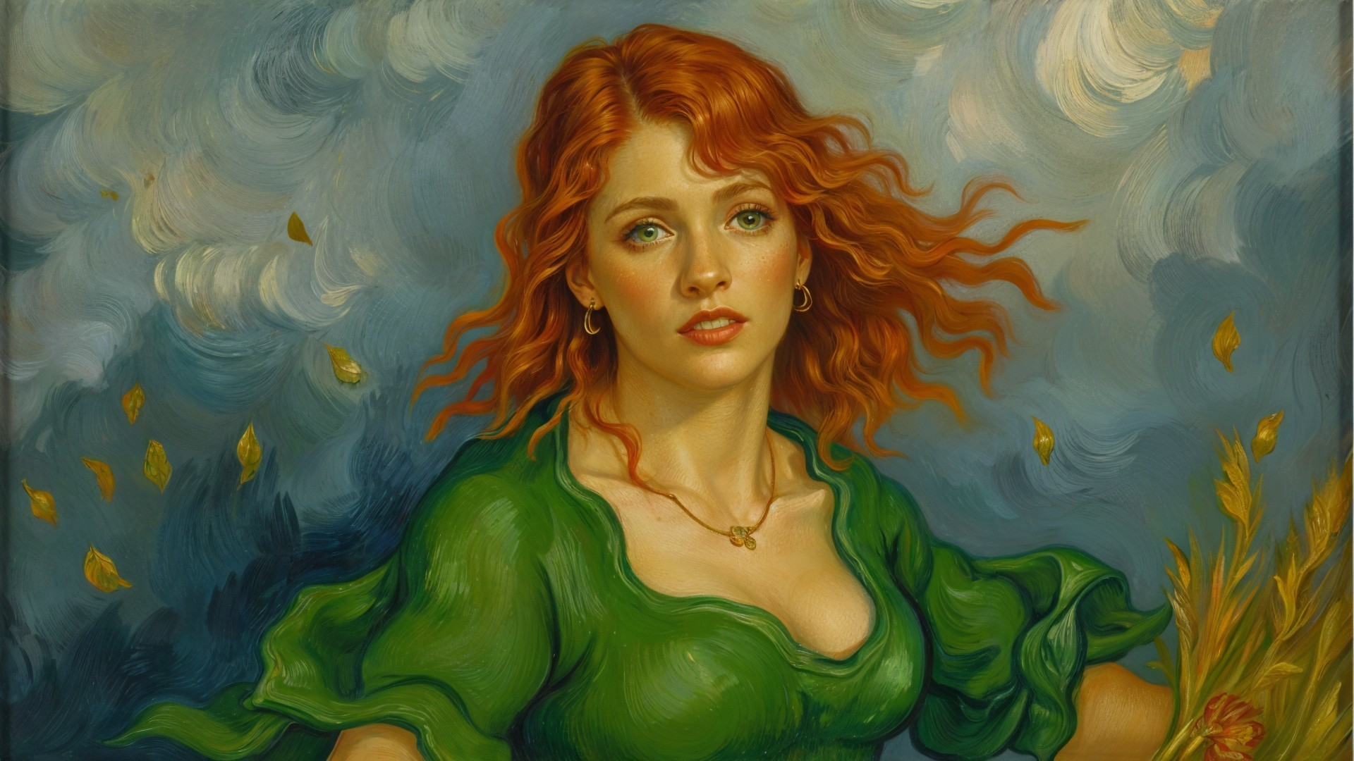 Young woman with red hair and green blouse in soft colors