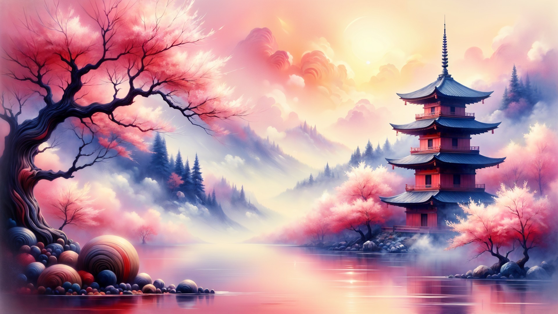 Serene Landscape with Pagoda and Cherry Blossoms