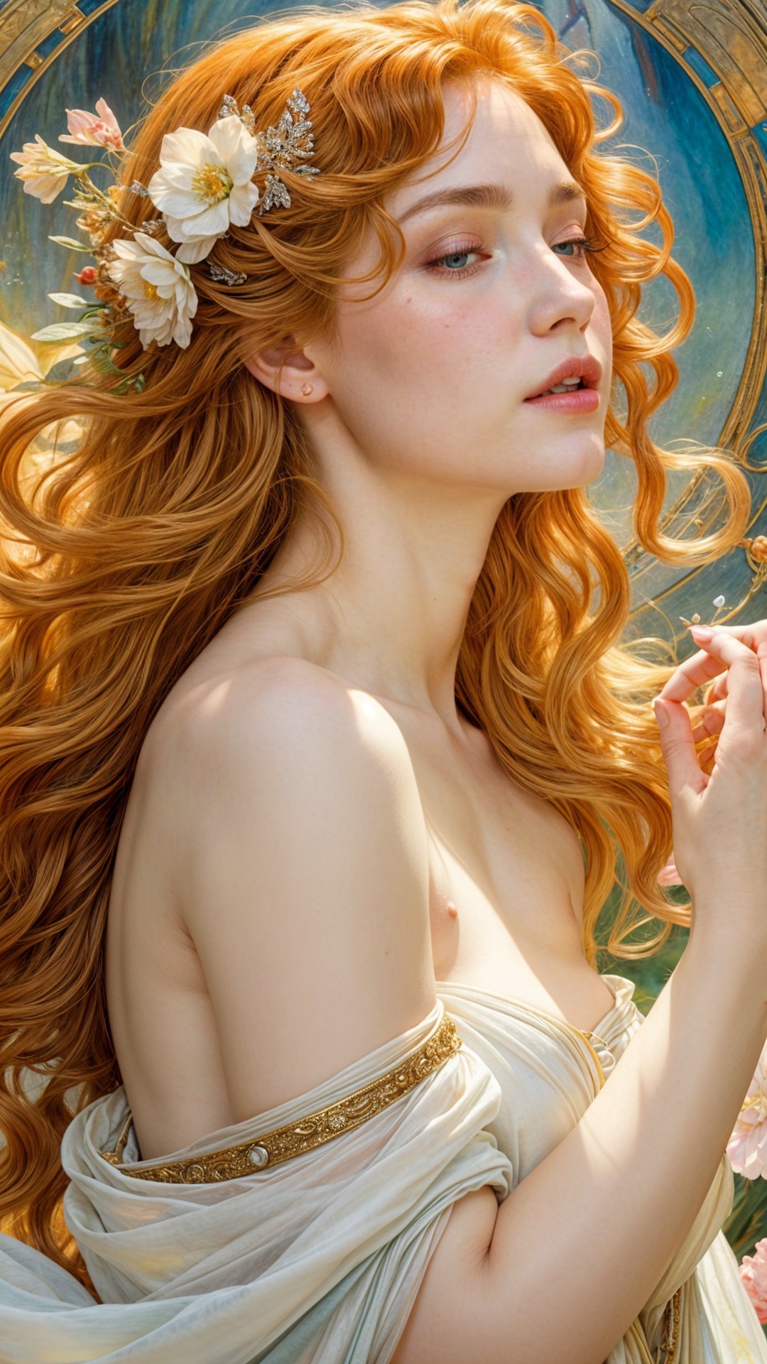 Young woman in off-shoulder gown with flowing hair