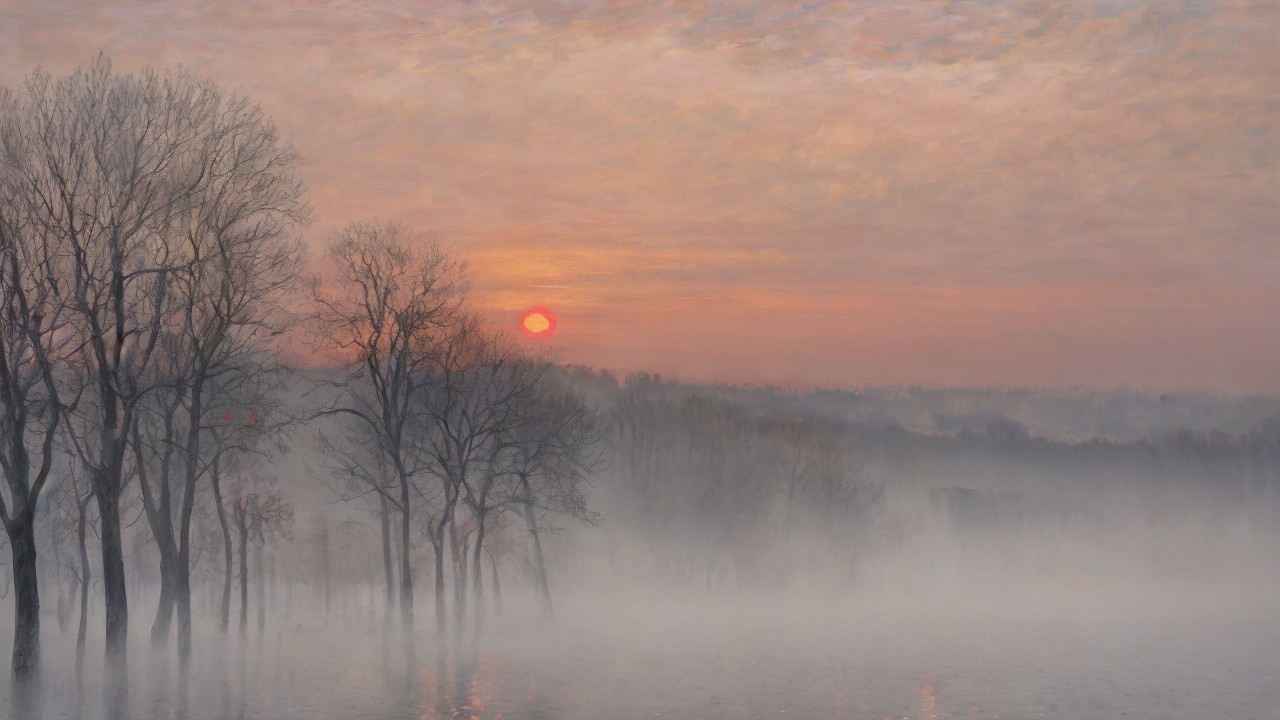 Dawn Landscape with Misty Lake and Silhouetted Trees