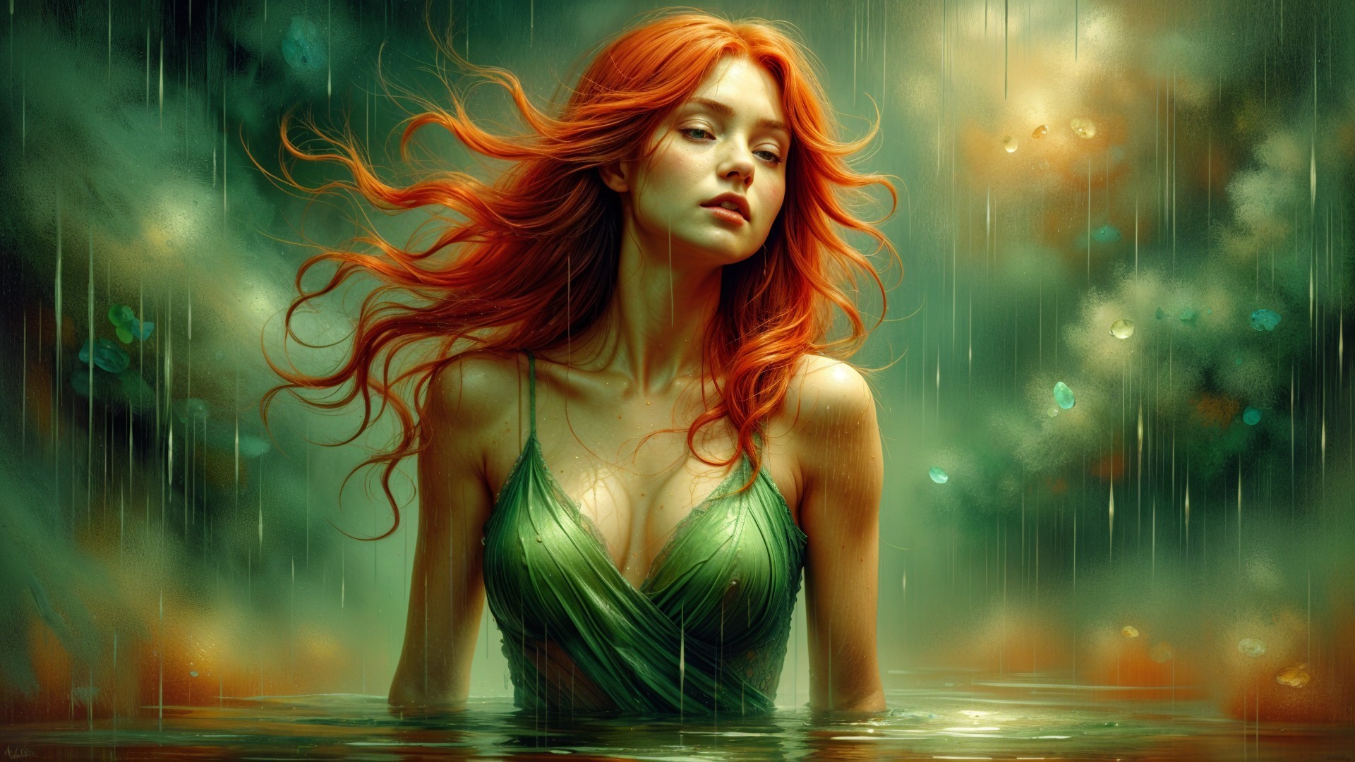 Ethereal Woman in Green Dress in Misty Landscape