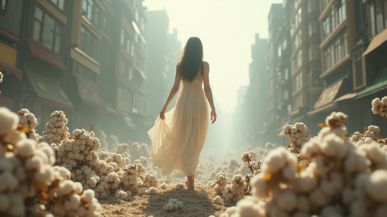 Serene figure in white dress on misty street scene