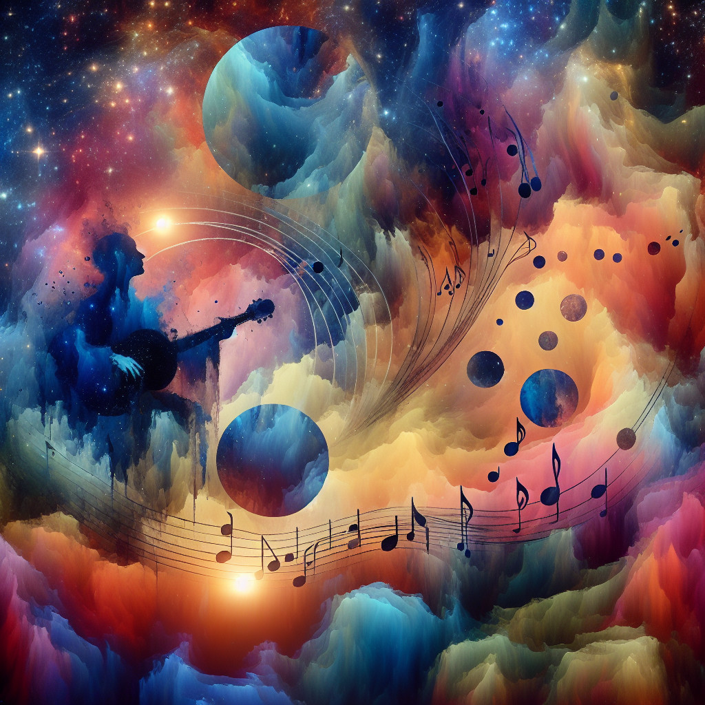 Cosmic Scene with Guitarist and Interstellar Nebulas