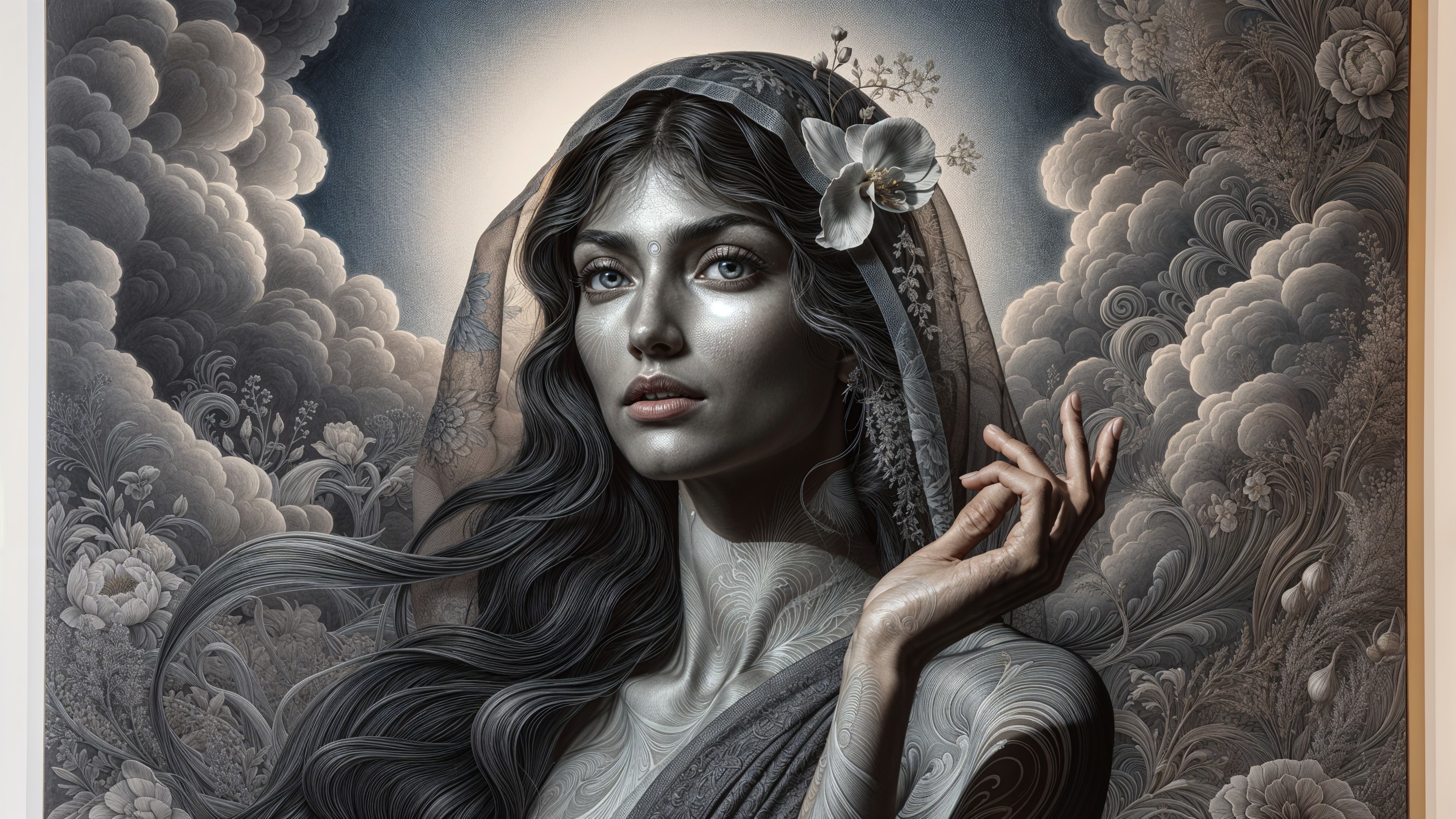 Serene Woman with Silver Skin and Floral Veil