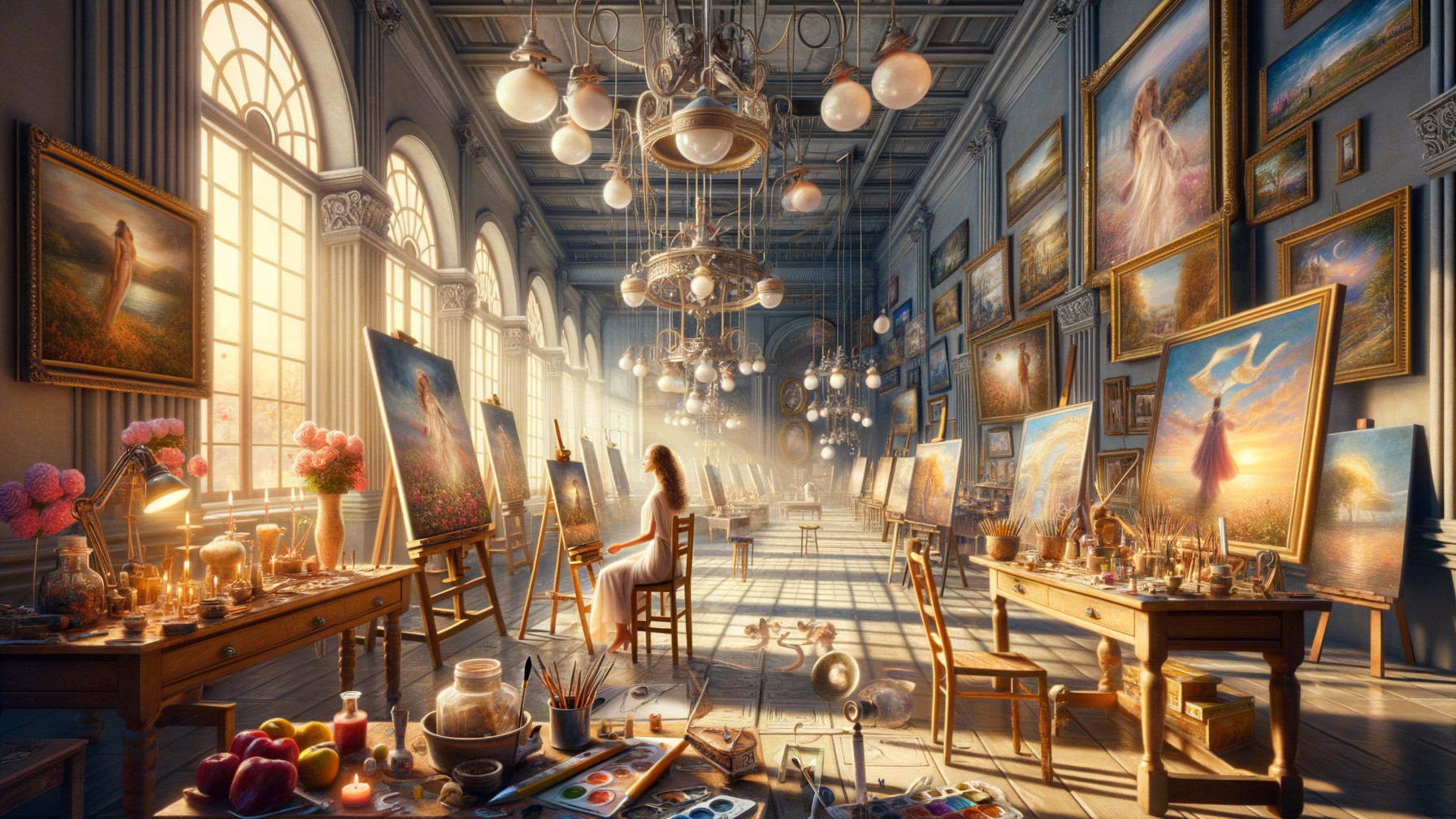 Sunlit art studio with vivid paintings and chandeliers