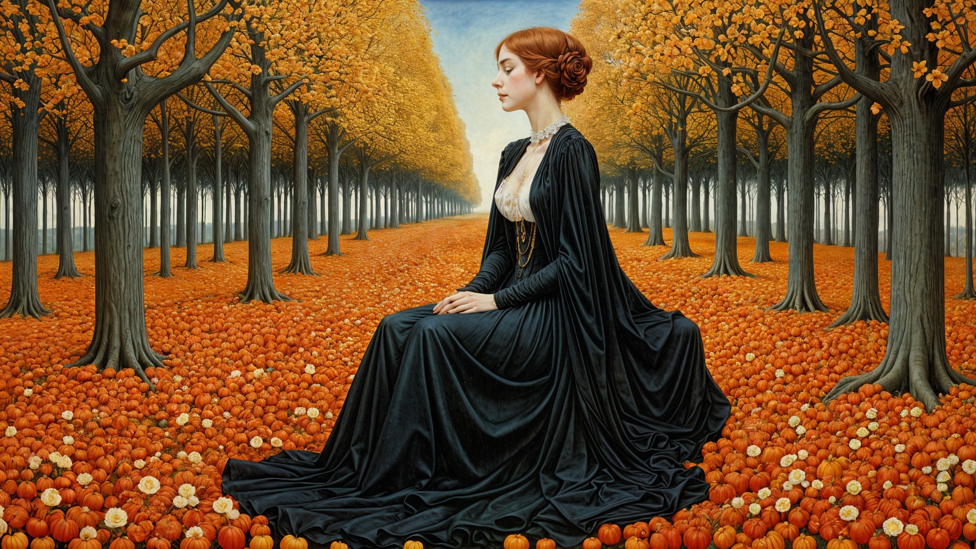 Autumn Landscape with Woman Among Vibrant Pumpkins