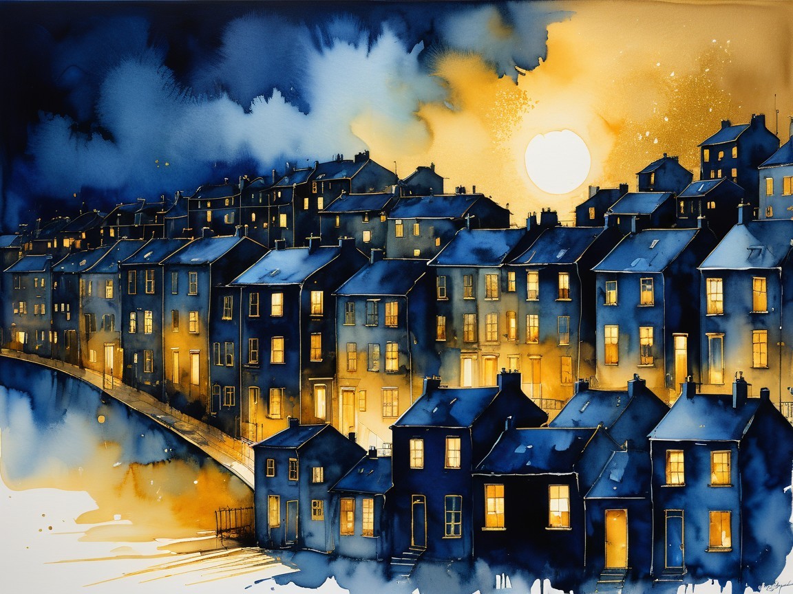 Tranquil Nighttime Scene of Illuminated Hillside Houses