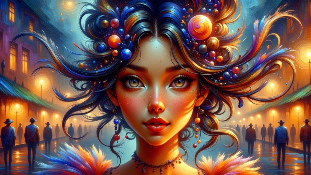 Young woman with colorful hair in a night scene