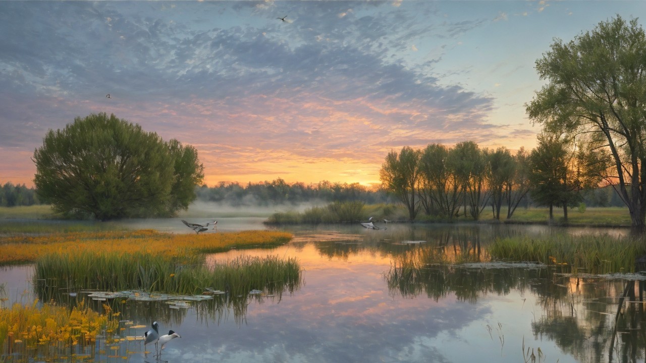 Tranquil River Landscape at Sunrise with Lush Greenery