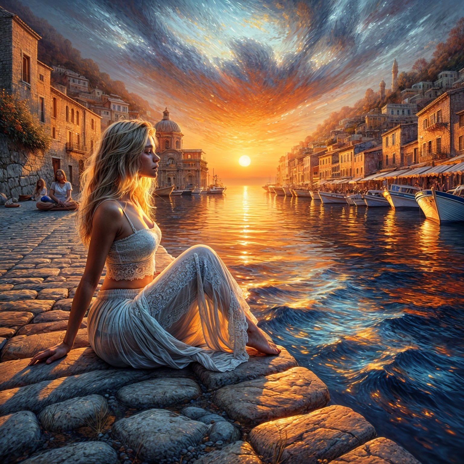 Waterfront Sunset Scene with Woman and Vibrant Sky
