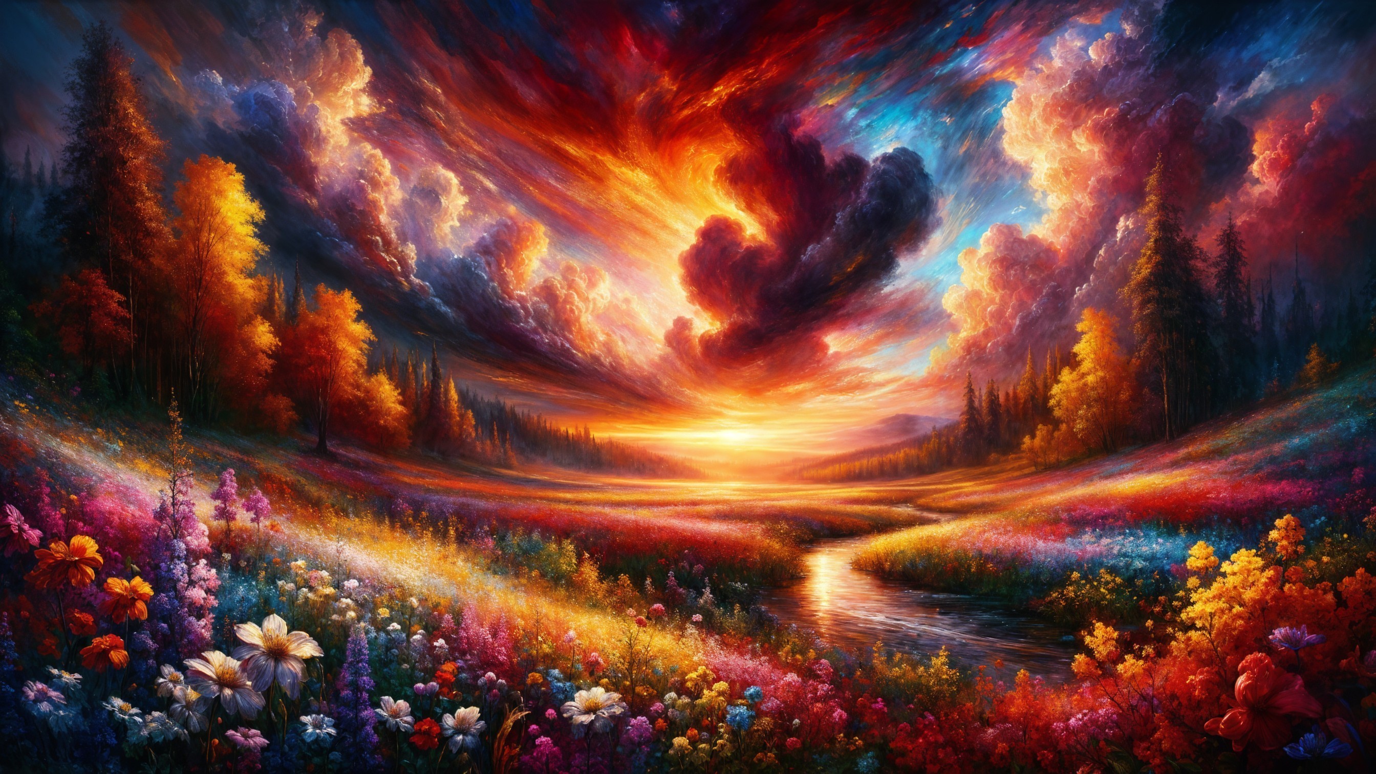 Vibrant sunset landscape with colorful skies and flowers