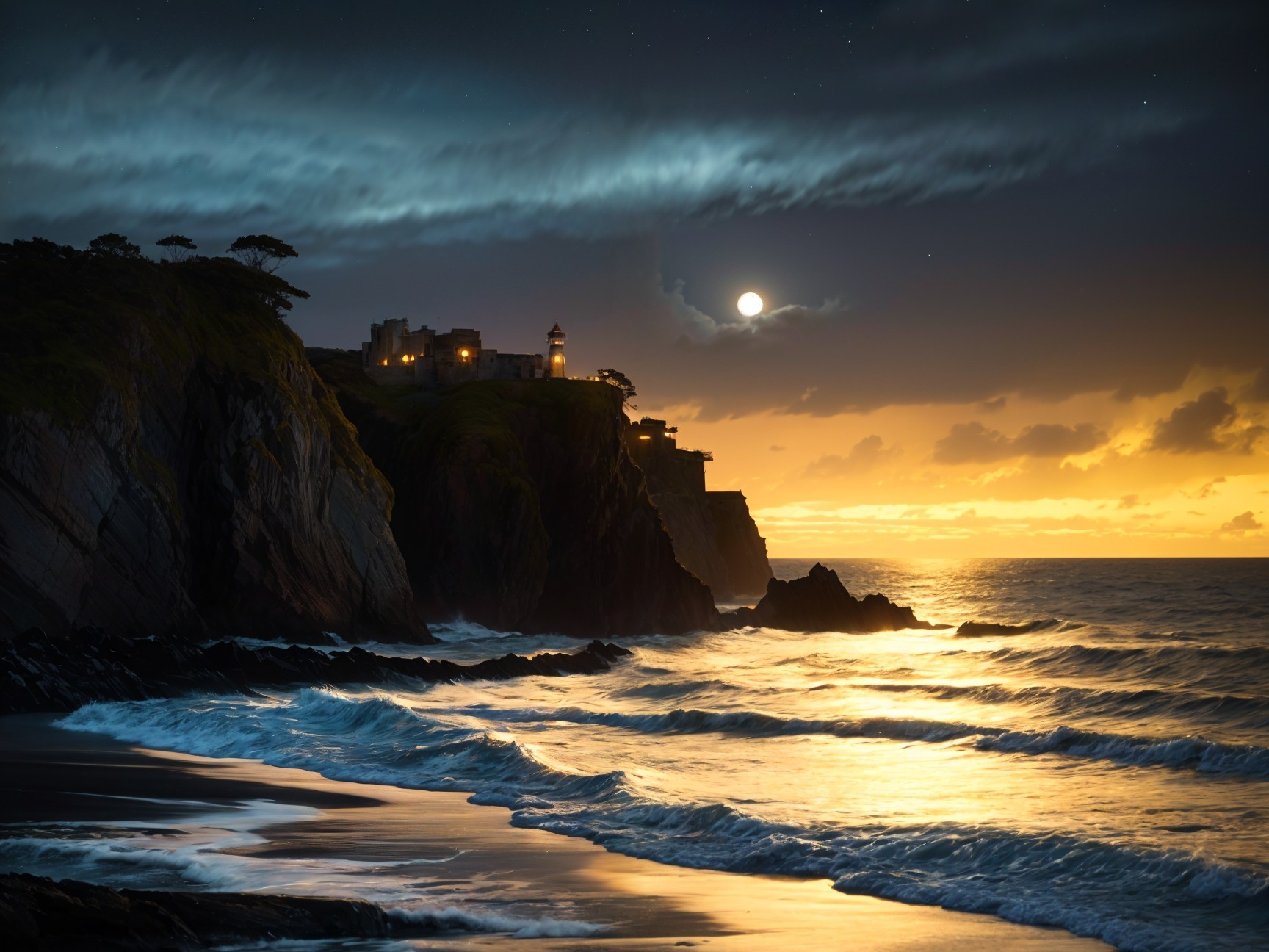 Tranquil Coastal Scene at Dusk with Lighthouse