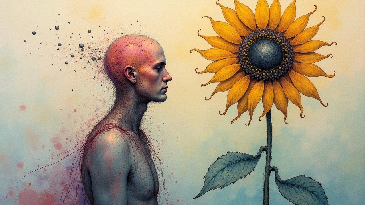 Surreal Scene with Bald Figure and Vibrant Sunflower