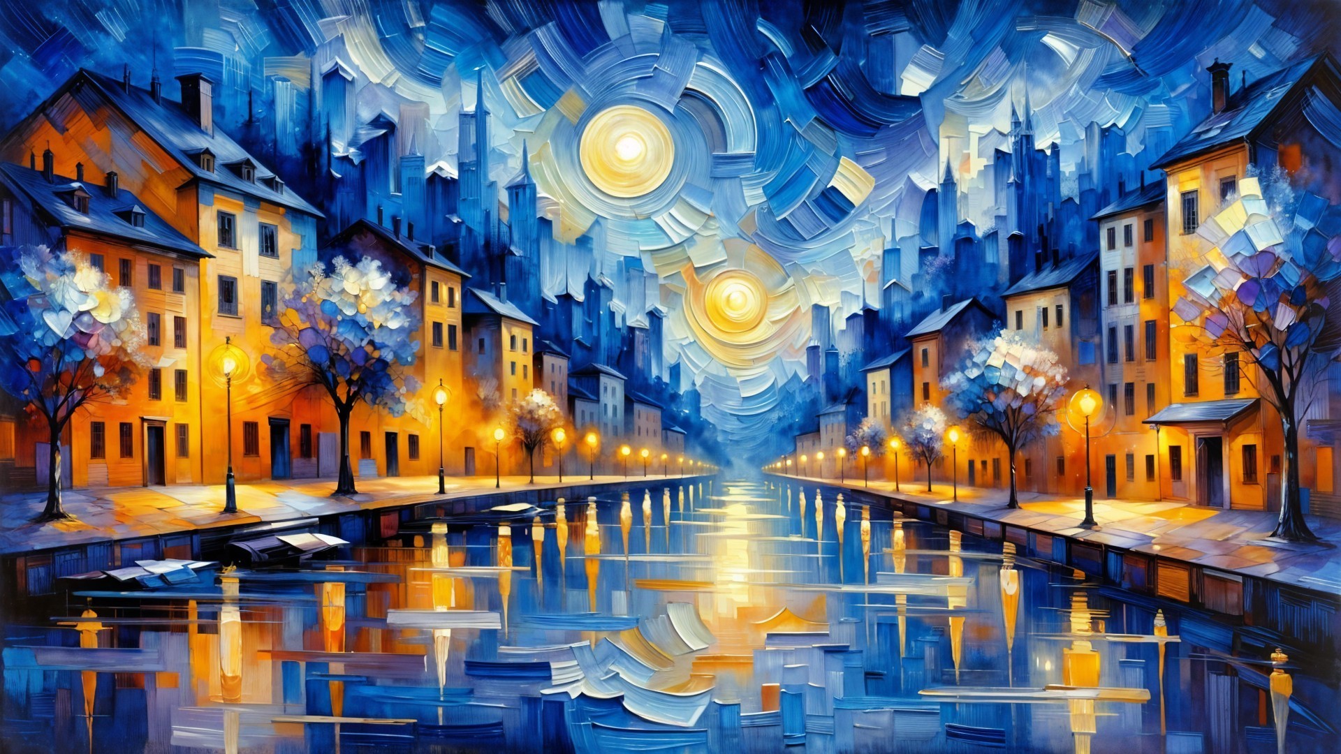 Vibrant Nighttime City Canal Scene with Impressionistic Style