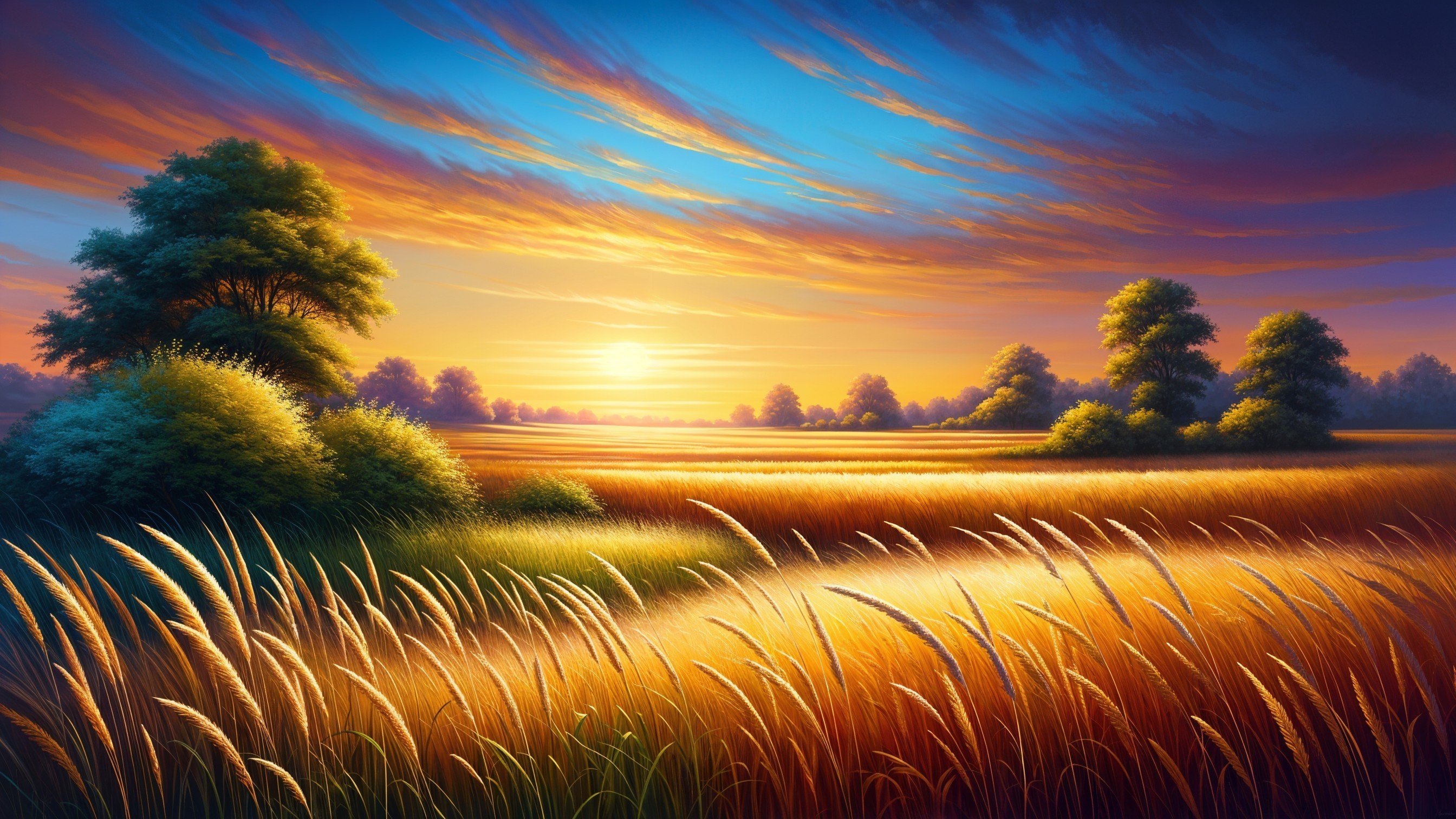 Serene Sunset Landscape with Golden Fields and Trees