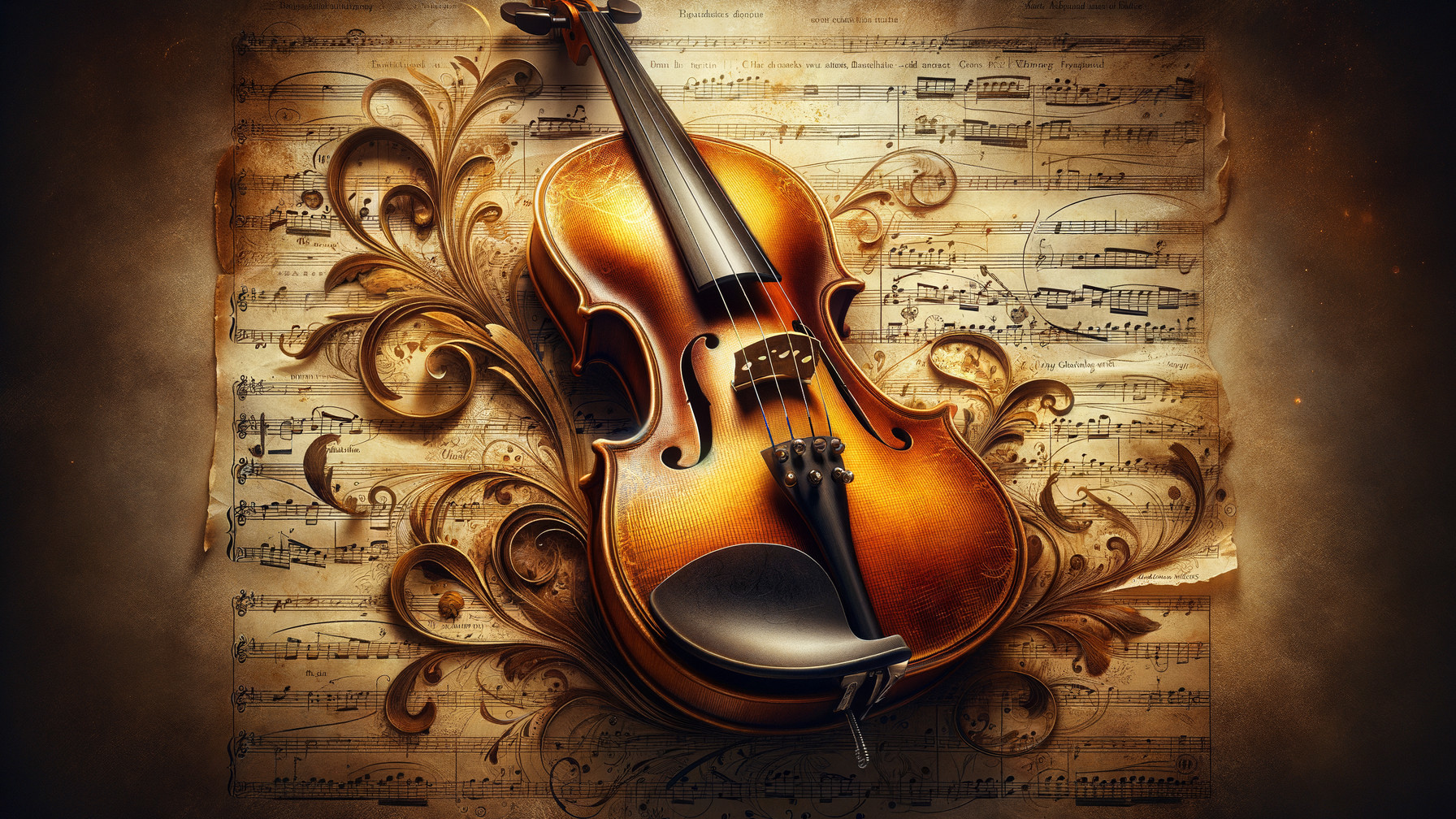 Elegant Violin Surrounded by Floral Patterns and Music