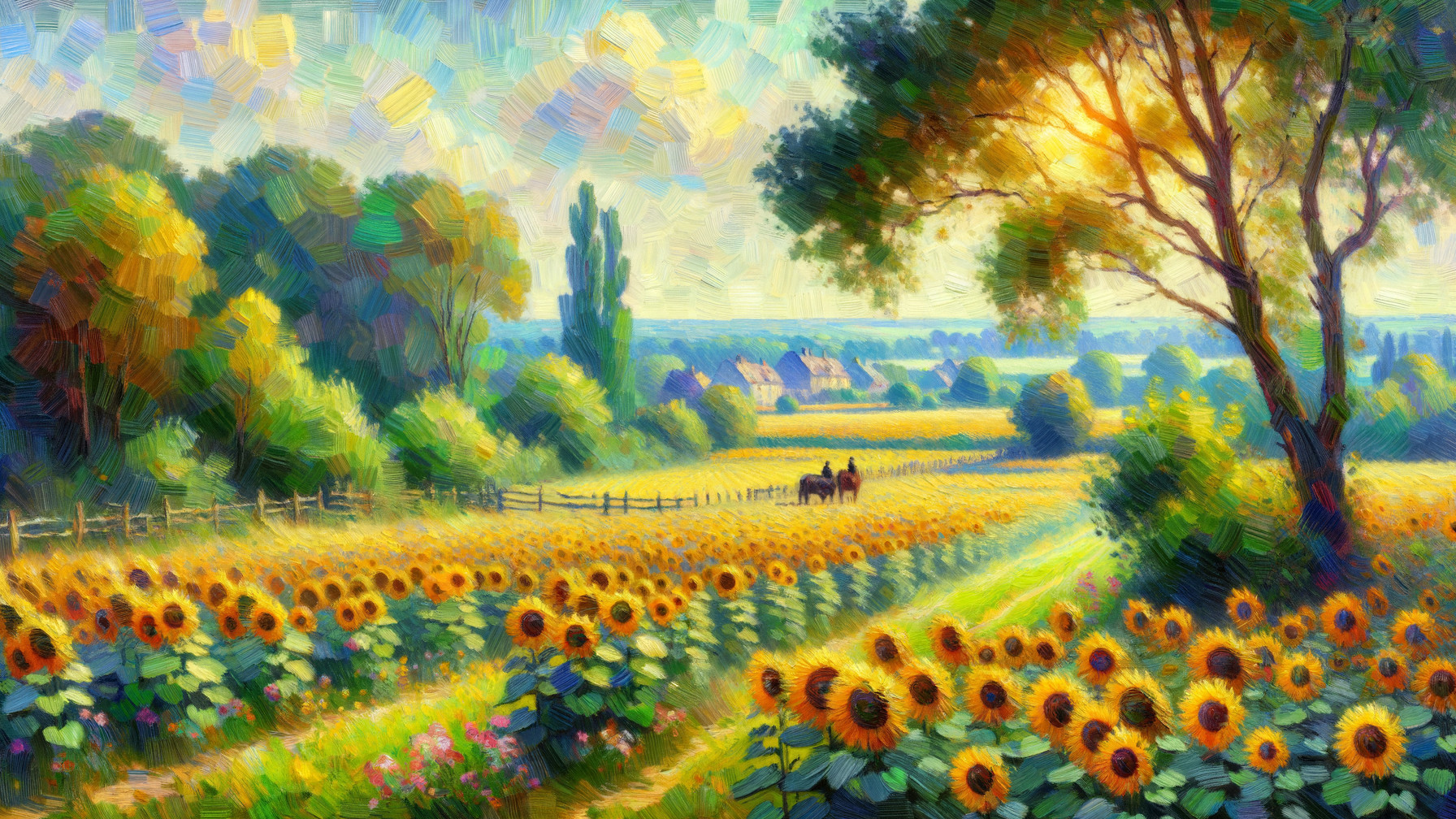 Vibrant Sunflower Landscape with Serene Path and Horse