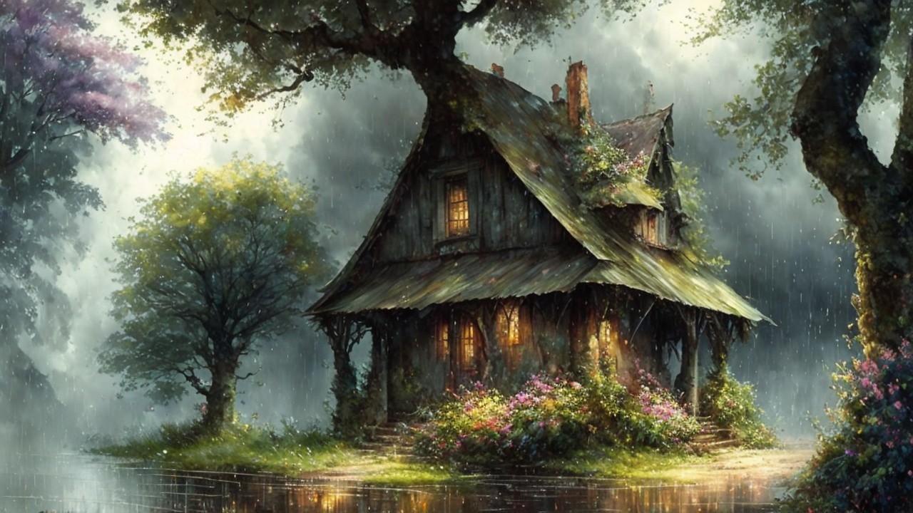 Whimsical Cottage in a Rainy, Serene Landscape