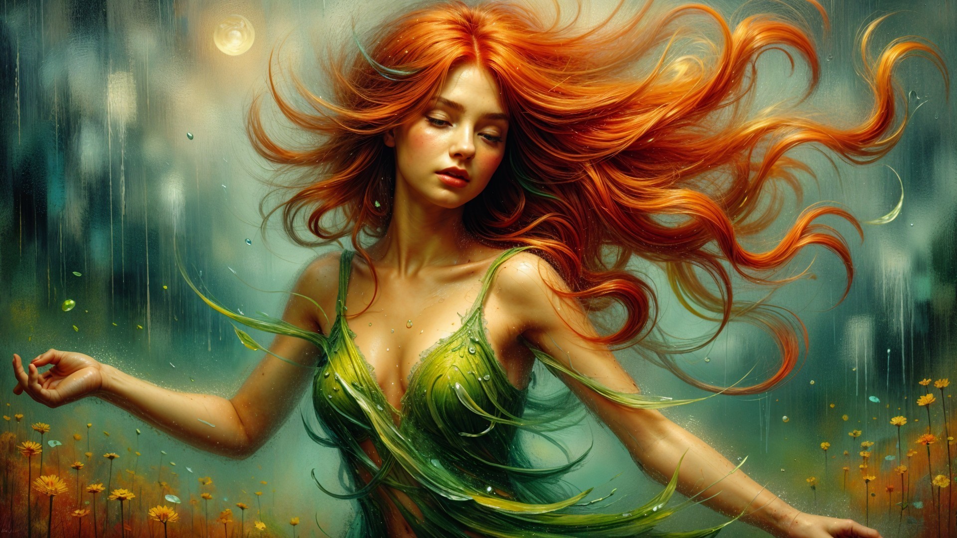 Young woman in green dress with red hair in nature