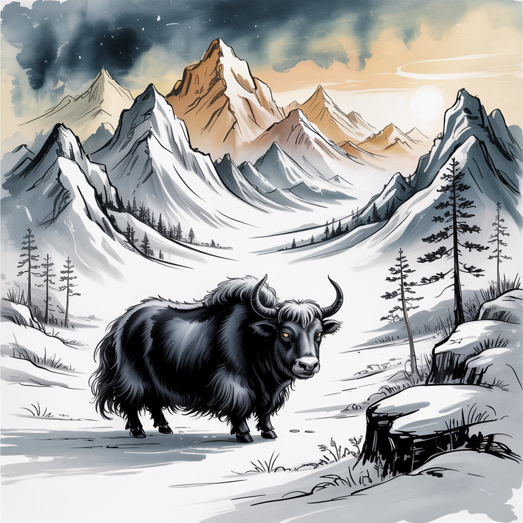 Black Yak in Snowy Mountain Landscape with Pines