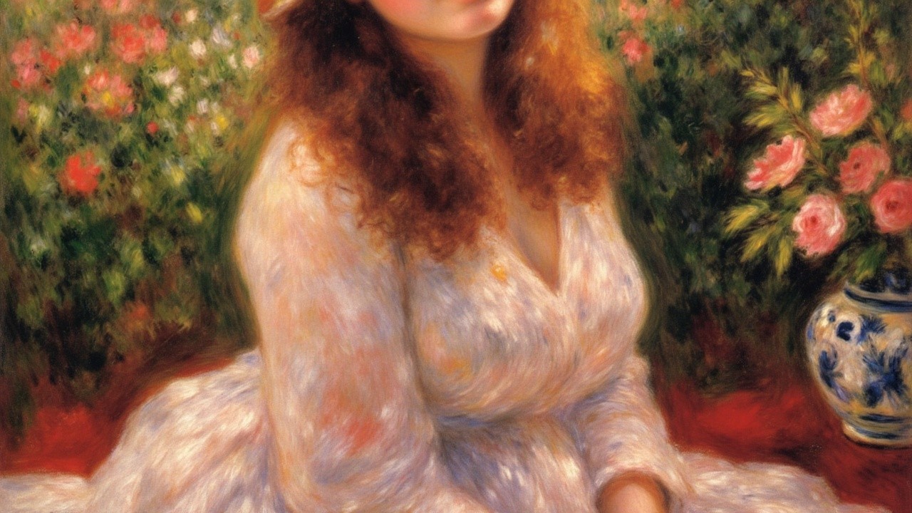 Young Woman in a Lush Garden Surrounded by Flowers